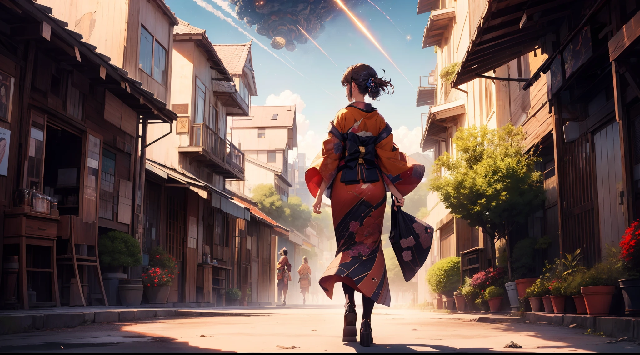 1 girl, ((very wide shot)), full body, kimono,((3 meteorites in the distance)) , (from behind)  ,(((looking away))),((background Western style city)) , meteorites, high resolution,(incredibly absurdres),anime visual,extremely detailed CG unity 8k wallpaper, ((masterpiece)), ((top-quality)), (beautiful illustration), ((an extremely delicate and beautiful))