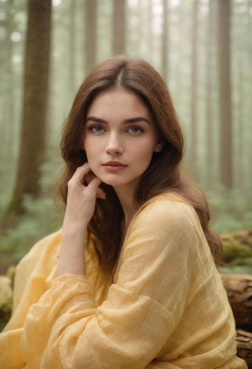 Photograph of a beautiful 20-year-old girl in plain pajamas on a long yellow cloth, Sitting on a log in a misty forest, Cheveux jaunes abondants, Frange touffue, Sparkling and beautiful eyes, beautiful symmetrical face, Visage mignon et innocent, sans maquillage, Sans fioritures, grain du film, Dream photos, Photo conceptuelle, Emotional photography, Photographie argentique, Realistic Photography, Realstic, mise au point nette, 14k, highly detailed, cg society, Ultra-definition, Very fine grain, Dusty photos, Grain filter