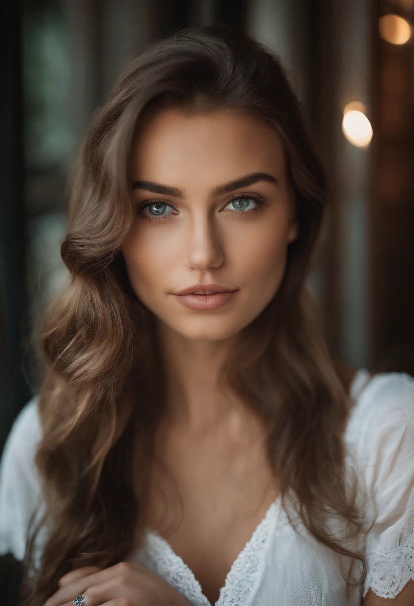 Arafed woman with a white tank top and necklace, dans un bar, fille sexy aux yeux bleu clair, Portrait Sophie Mudd, cheveux courts bruns et grands yeux, selfie of a young woman, Yeux de chambre, Violet Myers, sans maquillage, maquillage naturel, looking straight at camera, Visage avec Artgram, Maquillage subtil, Superbe photo du corps entier, piercing green eyes, Bel angle, pose attrayante, fille mignonne, sexy pose, Image du corps entier, corps entier, Prise de vue du corps entier, brunette goddess, High detail, pose satisfaite, very natural without makeup, cheveux lisse, very natural eyes , drinks a drink in hand
