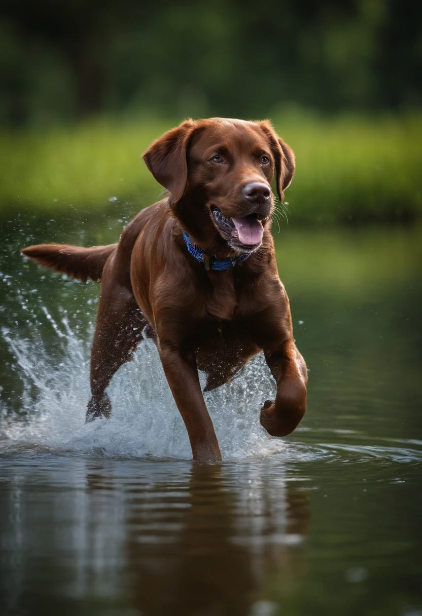 Descreva a imagem de um cachorro labrador retriever pulando alegremente em um lago, with the drops of water flying around him as he revels in the water.