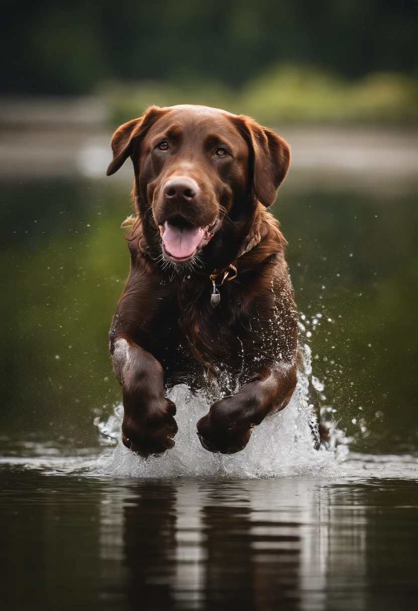 Descreva a imagem de um cachorro labrador retriever pulando alegremente em um lago, with the drops of water flying around him as he revels in the water.