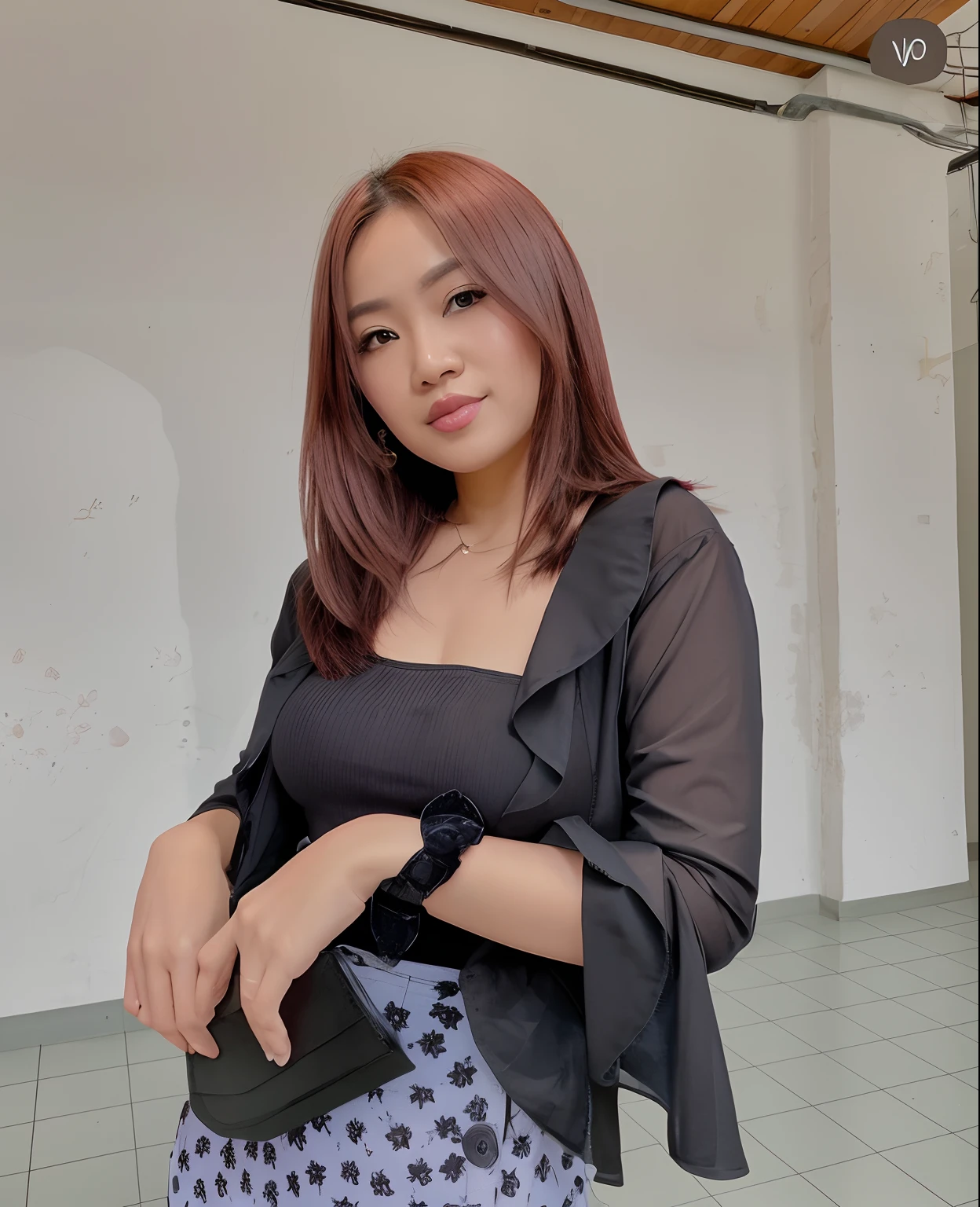 there is a woman that is standing in a room with a purse, wearing in black clothes, wearing black camisole outfit, casual pose, black top, with short hair, she is wearing a black tank top, a young asian woman, portrait image, wearing black clothes, black outfit, anime thai girl, she is wearing a black dress, mid shot portrait, big breast