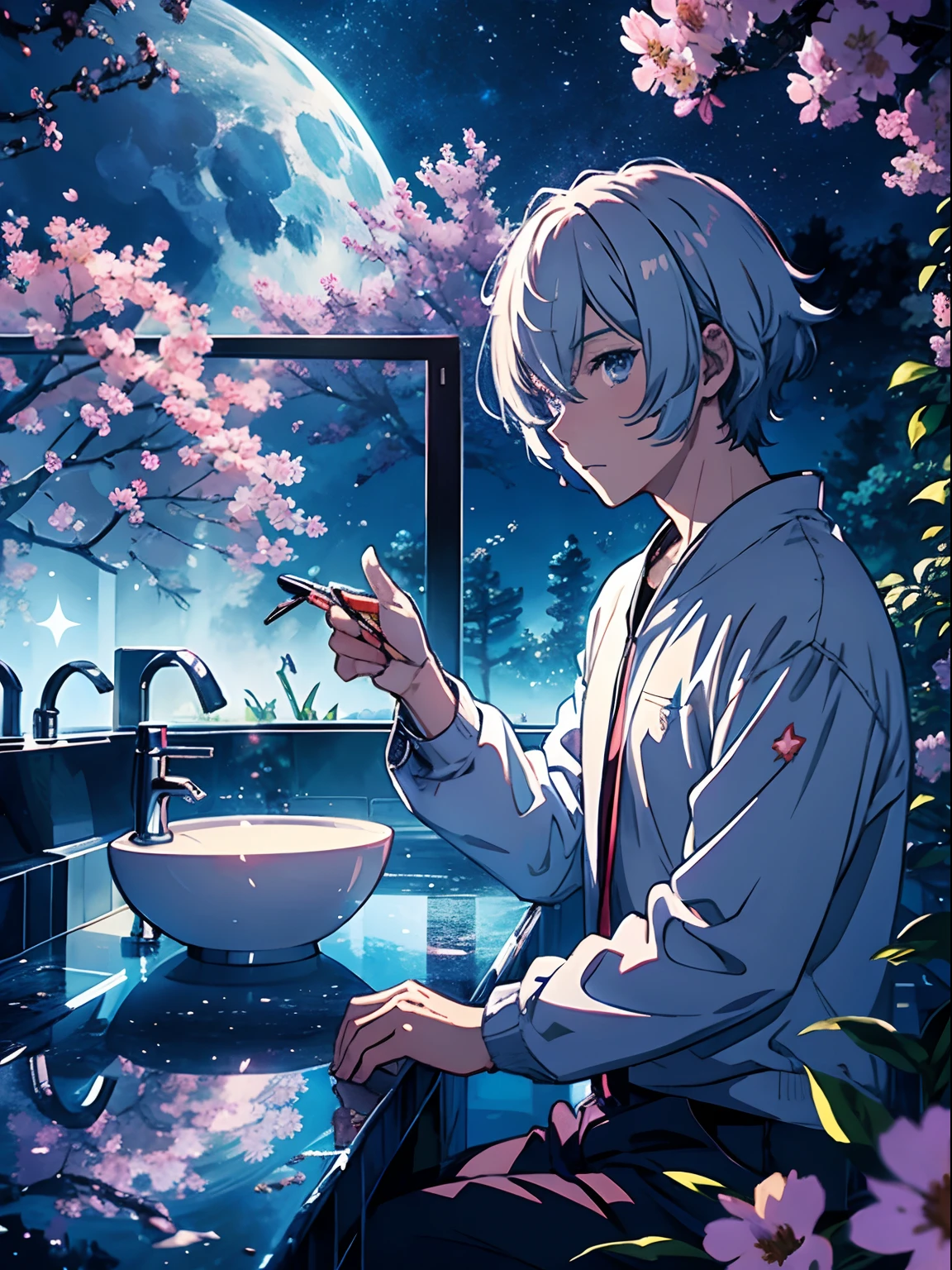 anime man, stars, Luna, In the bathroom, Luminous flowers,mont,Eau,flod,ln the forest,It's all in the map