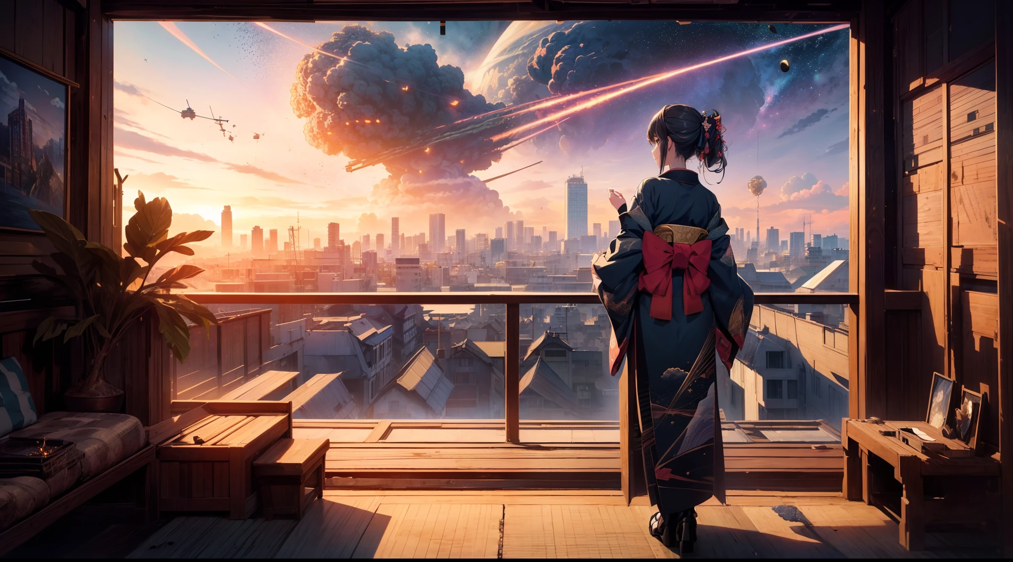 1 girl, ((very wide shot)), full body, kimono,((3 meteorites in the distance)) , (from behind) ,(((looking away))),((background Western style city)) , meteorites, high resolution,(incredibly absurdres),anime visual,extremely detailed CG unity 8k wallpaper, ((masterpiece)), ((top-quality)), (beautiful illustration), ((an extremely delicate and beautiful))