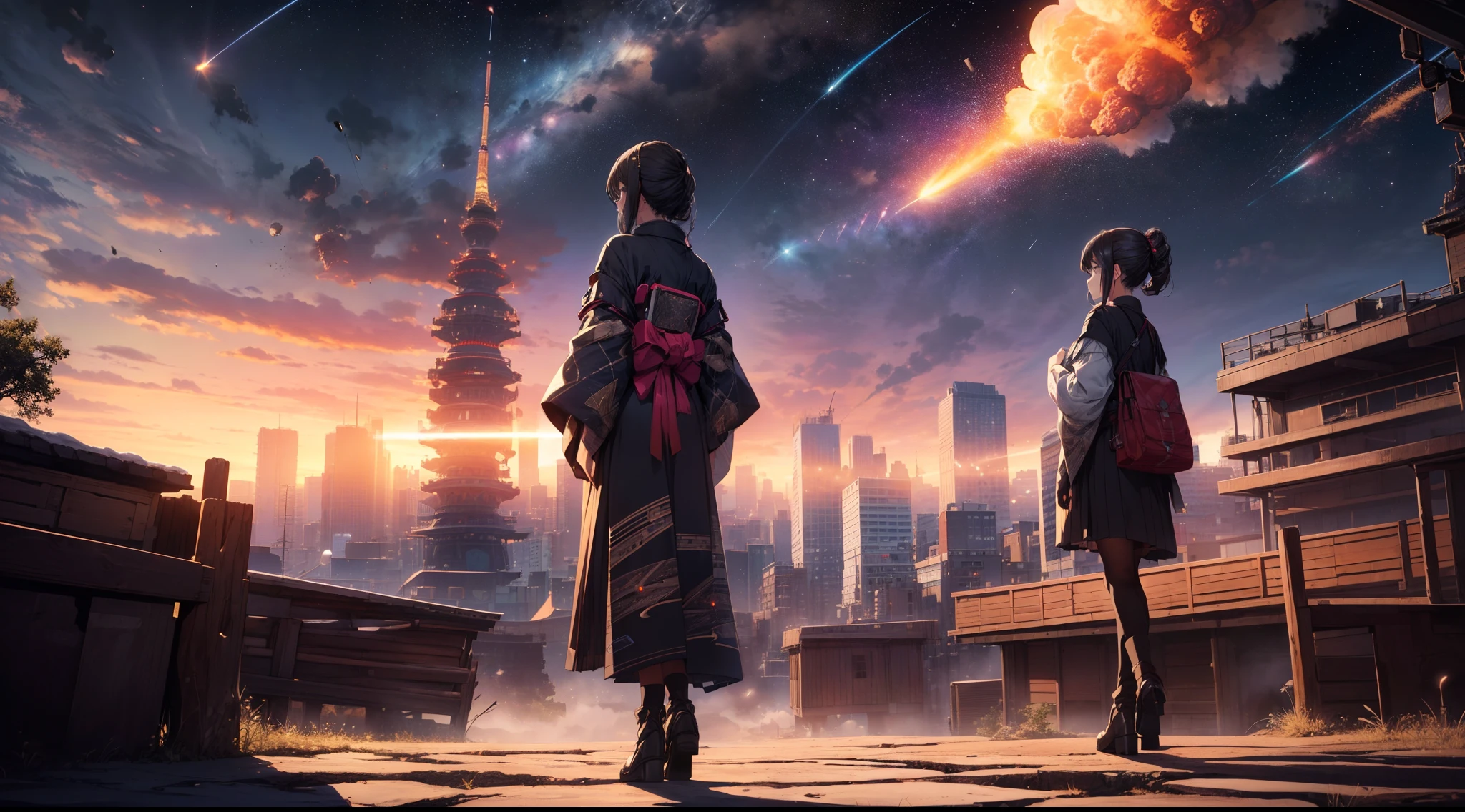 1 girl, ((very wide shot)), full body,((3 meteorites in the distance)) , (from behind)  ,(((looking away))), japanease clothing, ((background Western style city)) , meteorites, high resolution,(incredibly absurdres),anime visual,extremely detailed CG unity 8k wallpaper, ((masterpiece)), ((top-quality)), (beautiful illustration), ((an extremely delicate and beautiful))