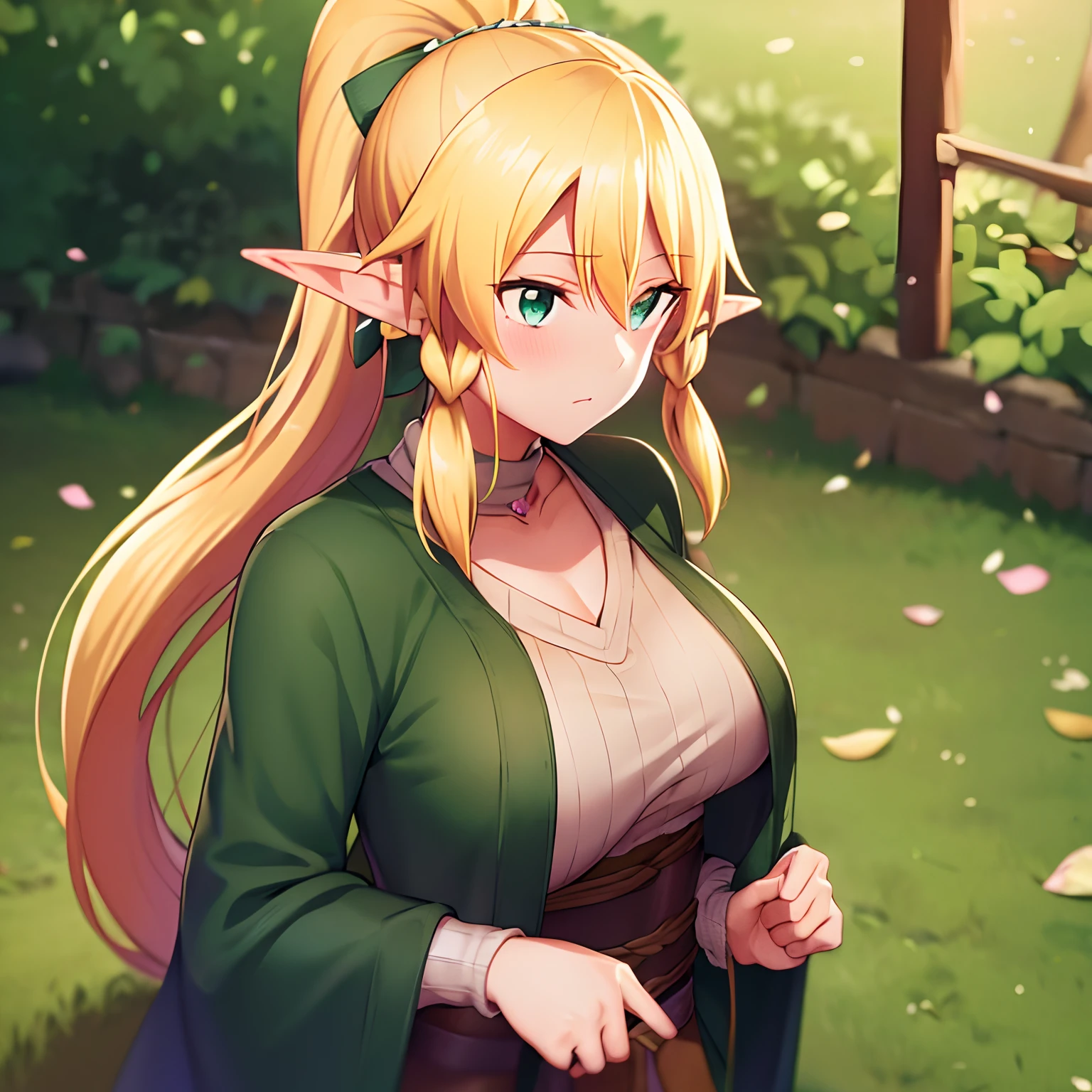 ((blonde woman)), ((ponytail hair)), (Elf's ears), A  girl, (Green eyes),leafa, knitted sweater with V-neck