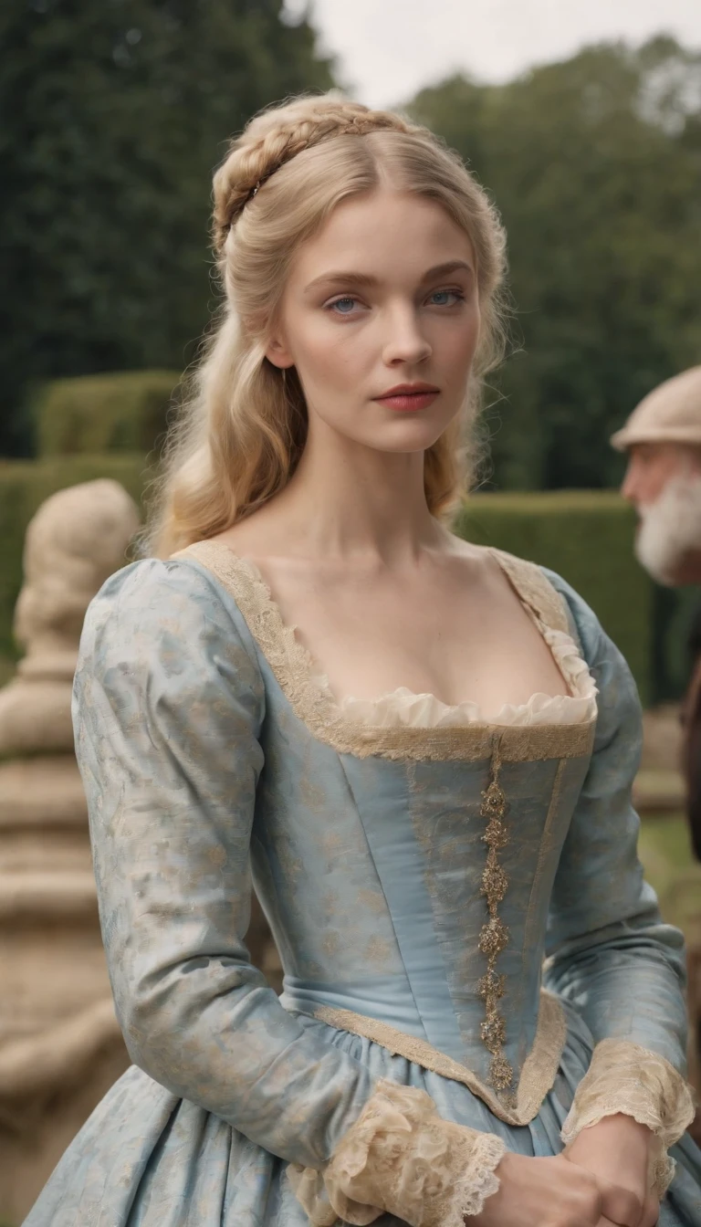 Photo of a young blonde woman with blue eyes in peasant dress but elegant and refined in the century of Louis XIV, elle est dans un jardin, Behind her an older, benevolent man looks at her.