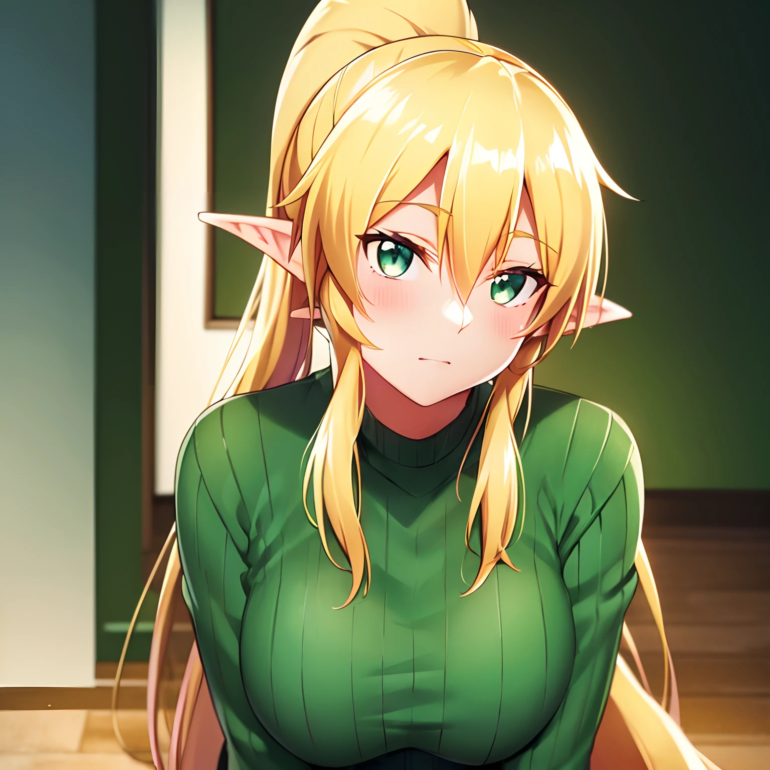 ((blonde woman)), ((ponytail hair)), (Elf's ears), A  girl, (Green eyes),leafa, knitted sweater with V-neck