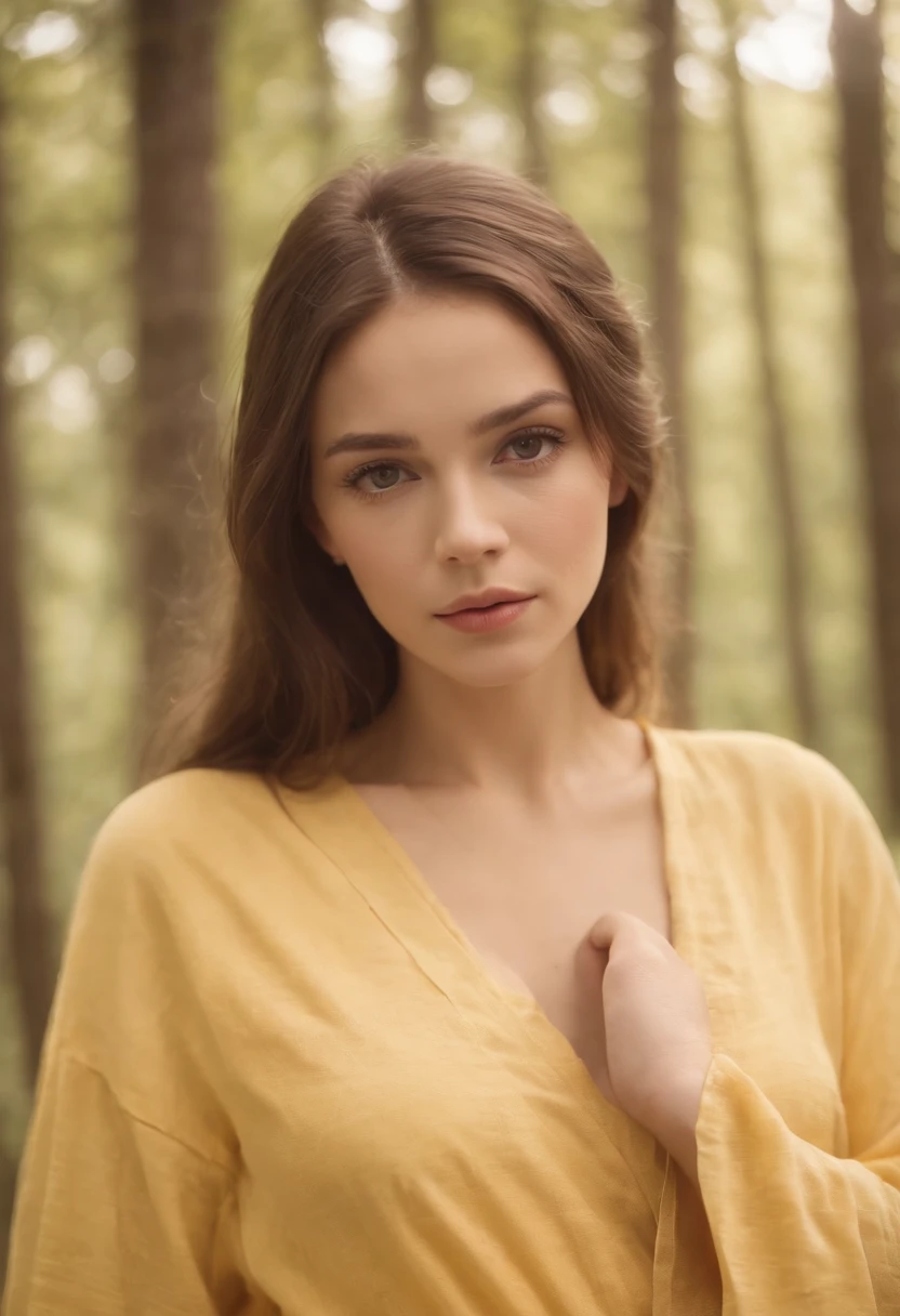 Photograph of a beautiful girl in her 20s in plain pajamas on a long yellow cloth, Sentado en un tronco en un bosque brumoso, Abundante cabello amarillo, Franja arbustiva, Ojos brillantes y hermosos, beautiful symmetrical face, Cara linda e inocente, sin maquillaje, sin adornos, Film grain, Dream photos, Foto conceptual, Emotional photography, Film photography, realistic photograph, realista, foco nítido, 14k, Altamente detallado, Sociedad CG, Ultra-definition, Grano muy fino, Fotos polvorientas, Filtro de grano tomada con un Iphone 11
