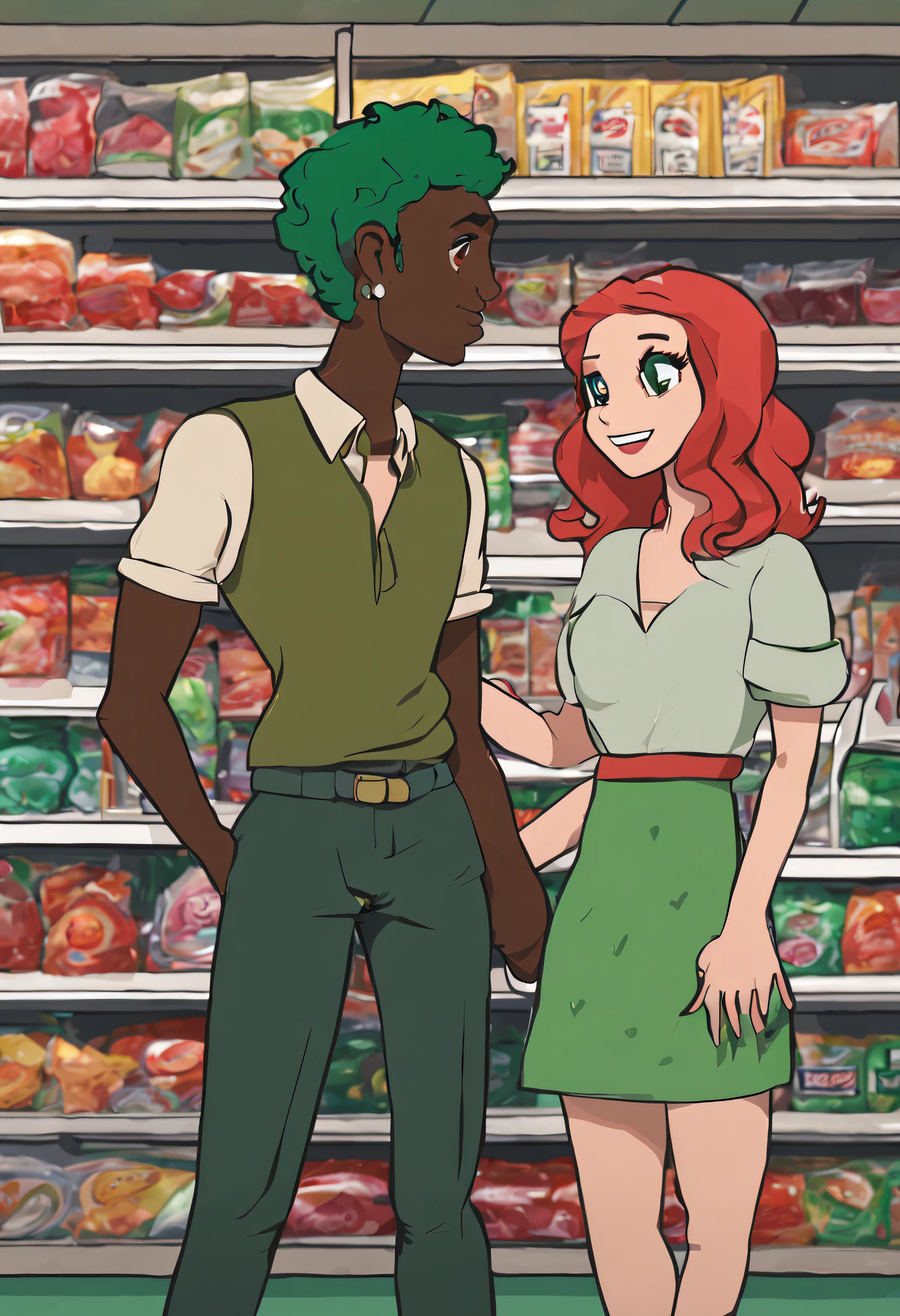 wide shot, 2D animated, balck young man green hair, talking with, a white young sexy adult female. Slender with crimson red, wavy hair, emerald green eyes. Heart-shaped face, arched eyebrows, small nose, and full rosy lips. inside a supermarket between shelves