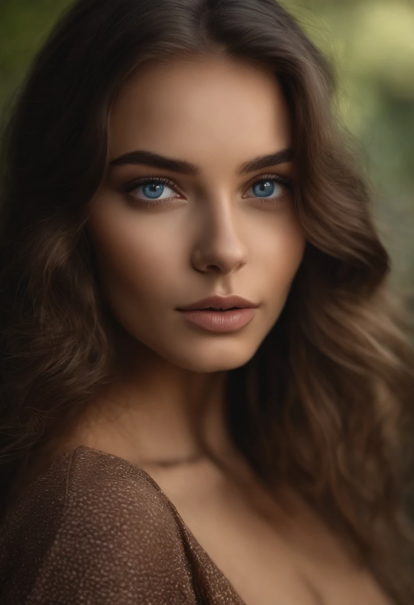 Arafed woman completely , fille sexy aux yeux bruns, ultra realist, Meticulously detailed, Portrait Sophie Mudd, cheveux bruns et grands yeux, Selfie of a young woman with a background in nature, Yeux de chambre, Bleu Myers, sans maquillage, maquillage naturel, looking straight at camera, Visage avec Artgram, peu de maquillage, Superbe photo du corps , dans un bar, Medium to large bust