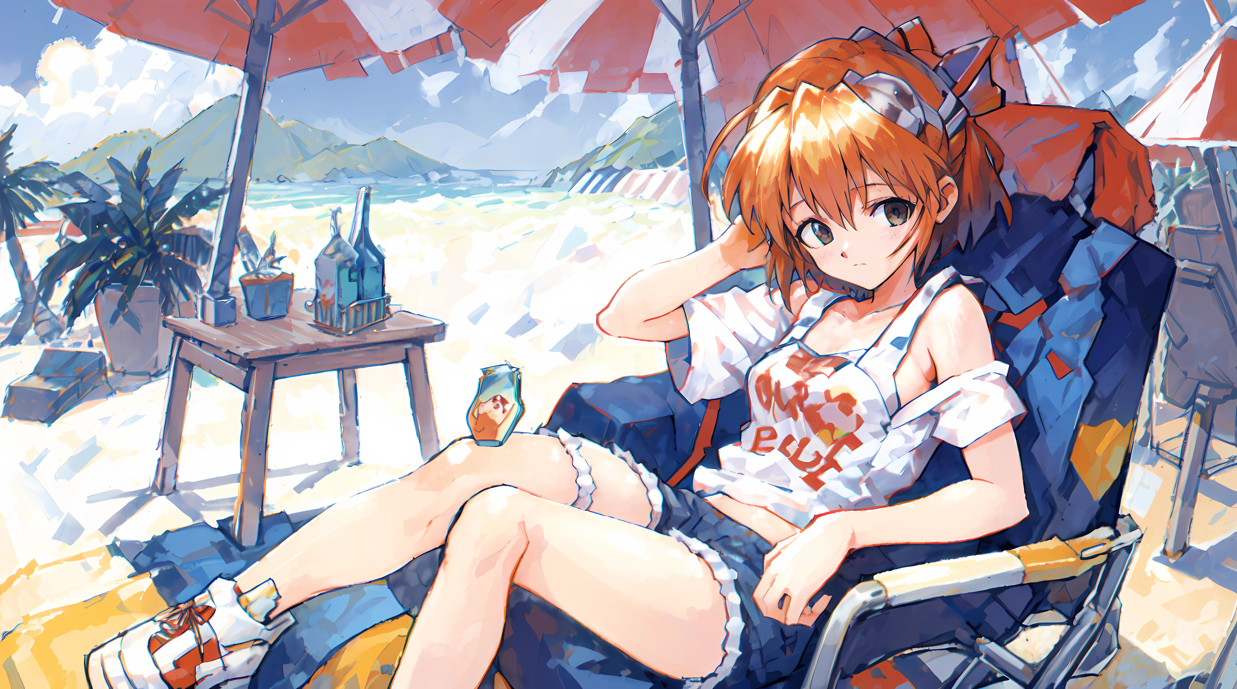 POV,1girl, beach, sitting on a beach towel, short hair, glasses, t-shirt, shorts, cap, blush, summer, soda can, bag,ultra high res, 16K,