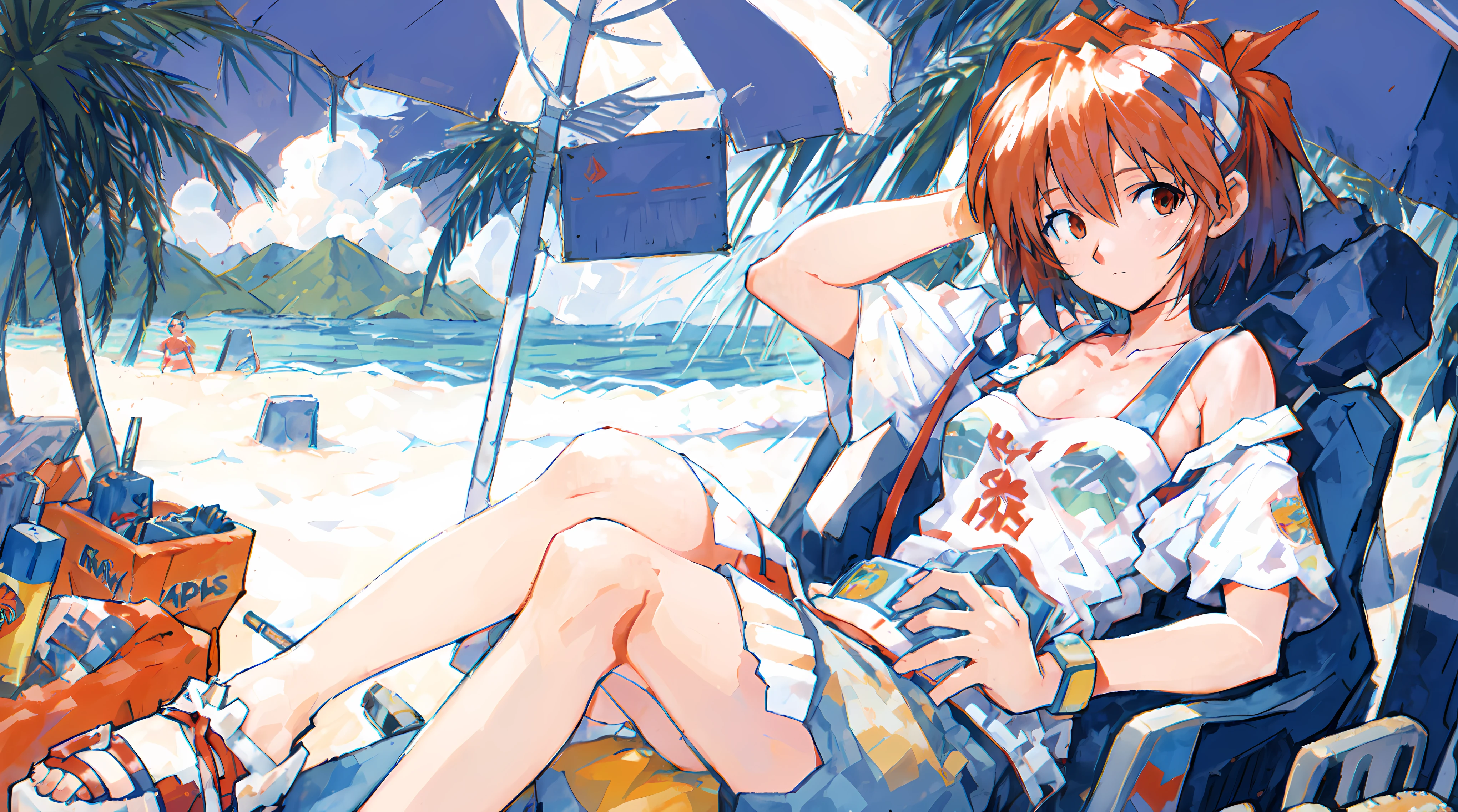 POV,1girl, beach, sitting on a beach towel, short hair, glasses, t-shirt, shorts, cap, blush, summer, soda can, bag,ultra high res, 16K,