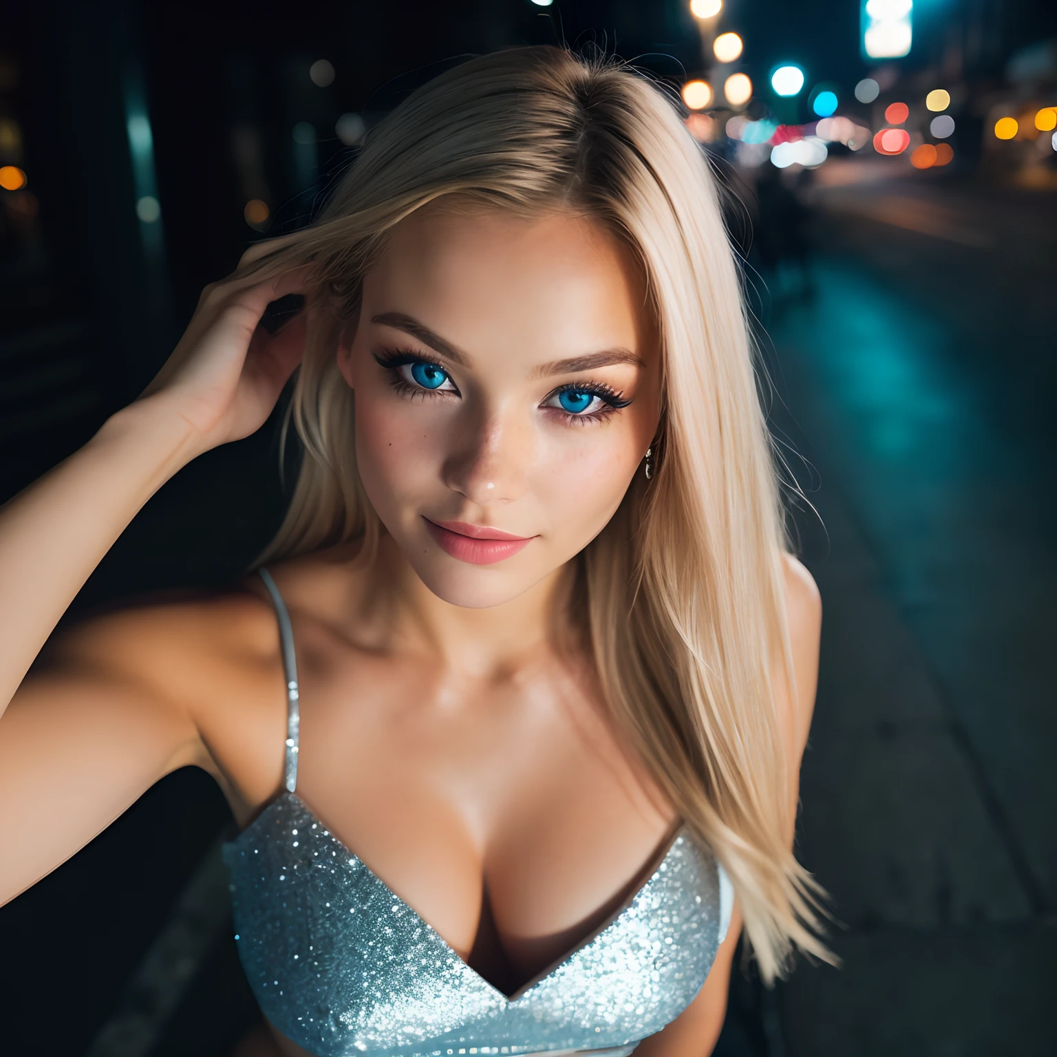(selfie, top view: 1.4), (straight half of the body: 1.4), RAW UHD portrait photo of a 24-year-old blonde (blue-eyed woman) walking down a dark alley, large breasts,, city at night, (skirt), (neckline), details (textures! , hair! , glitter, color!! , disadvantages: 1.1), glossy eyes with high detail (looking at the camera), SLR lighting, SLR camera, ultra-quality, sharpness, depth of field, film grain (center), Fujifilm XT3, crystal clear, frame center, beautiful face, sharp focus, street lamp, neon lighting, bokeh (dimly lit), night, (night sky), detailed skin pores, oily skin, sunburn, complex eye details, full body, large breasts
