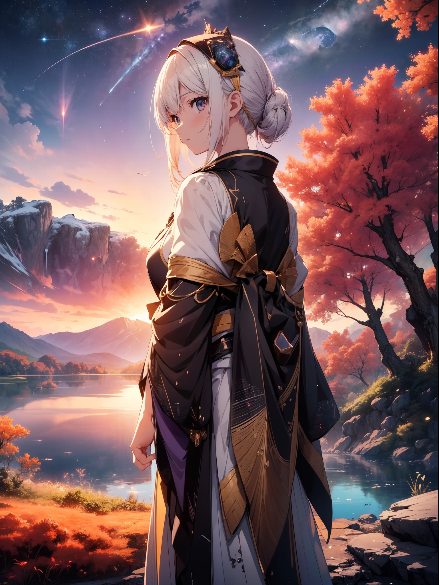 1 girl, ((very wide shot)), upper body ,((3 meteorites in the distance)) , (from behind) ,(((looking away))), japanease clothing, ((background lake)) , meteorites, high resolution,(incredibly absurdres),anime visual,extremely detailed CG unity 8k wallpaper, ((masterpiece)), ((top-quality)), (beautiful illustration), ((an extremely delicate and beautiful))