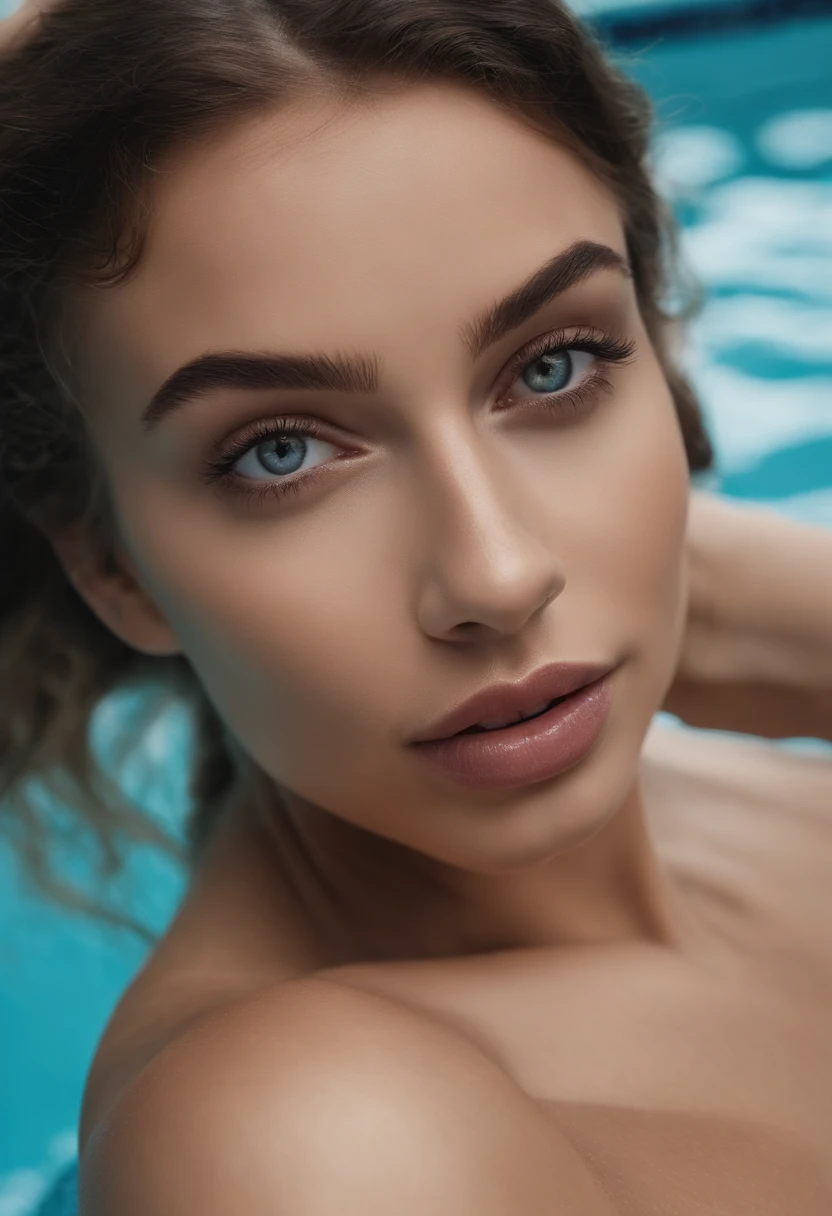 Obra maestra, mujer, joven, alemana, pechos muy grandes, cuerpo delgado, trasero muy grande, fiesta en la piscina, ojos azules, desnuda, cabello pelirroja