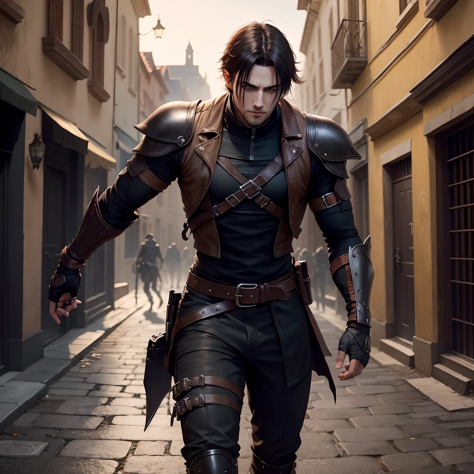 Leon kennedy with black hair, Resident evil horror shadow rogue, shadow power, RPG, medieval city scenery, assassin, brown eyes, rogue armor , night, black tones,4K