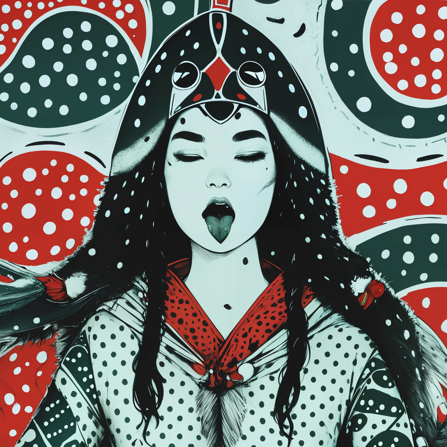inuit, tribal, psychedelic, 1girl, closeup face, (open mouth, show tongue), (polka dot tongue), eyes closed, white, red, green, blue, winter, sketch night, dark, white, dark, sketch