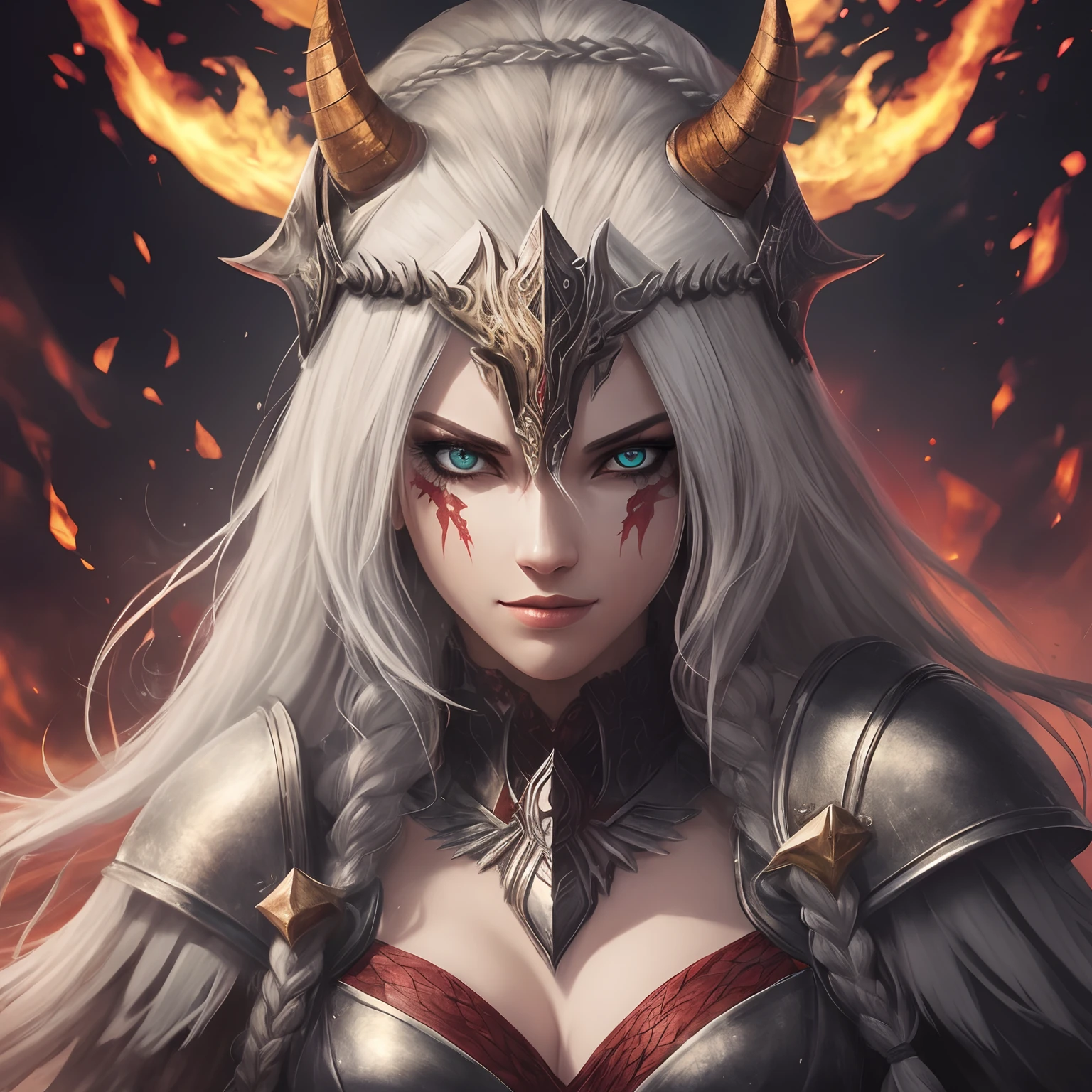 armadura, Potrait Berserker, barbarian woman, Arte de Fantasia, of his gaze alone enemies beginning to panic, one head, devilish smile, besta do inferno, demonio, White Fire Sky, guerreiro, com foice e escudo, lindo, homens, Werelion, Long red braided hair, olhos dourados brilhantes, realista, altamente detalhados, Motor irreal, 8k de luxo