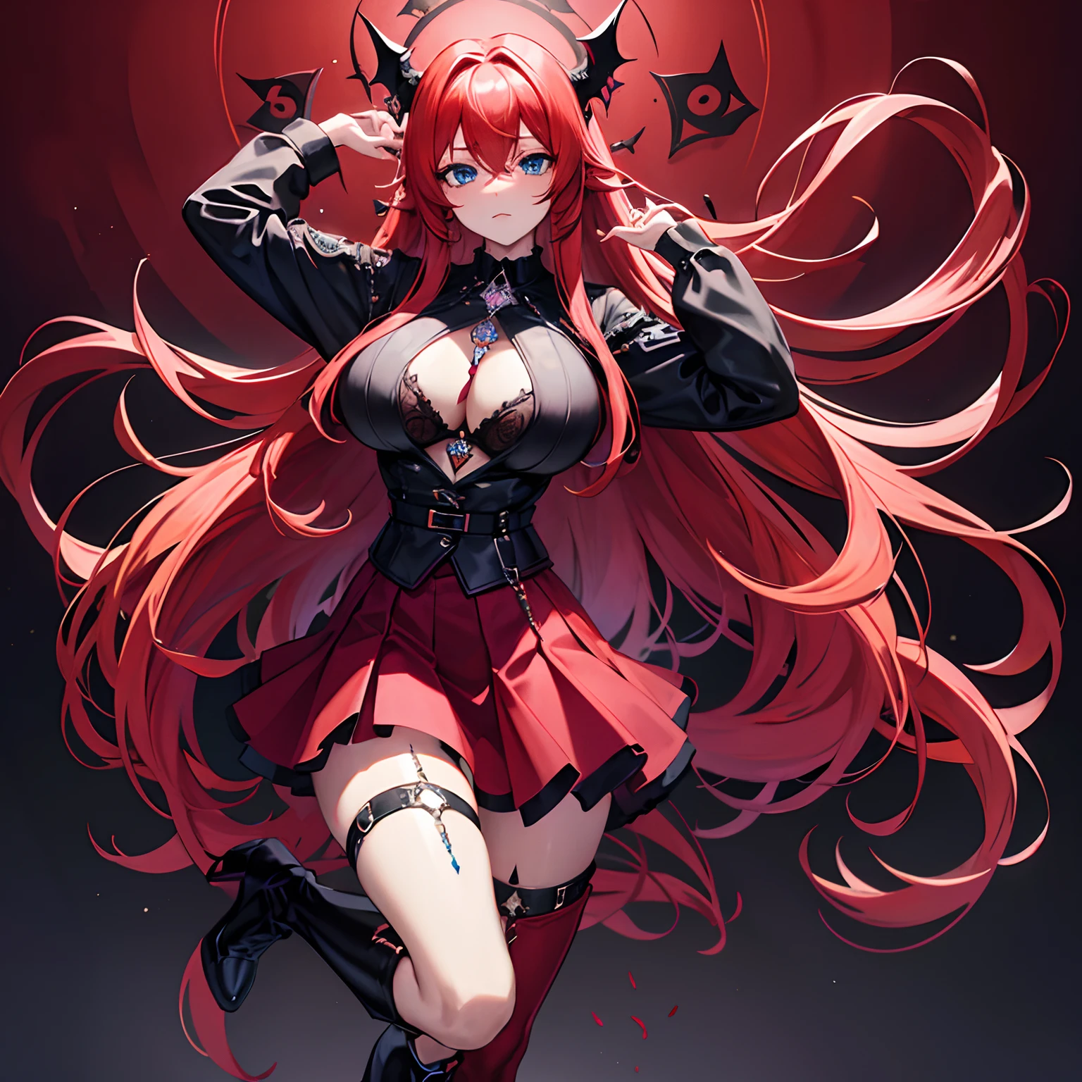 Terror Theme // crimson long hair // gigantic boobs // alone human // mystic tattoo on left hand // skirt // long sleeve blouse // boots with high heels // pentagram necklace // blue eyes