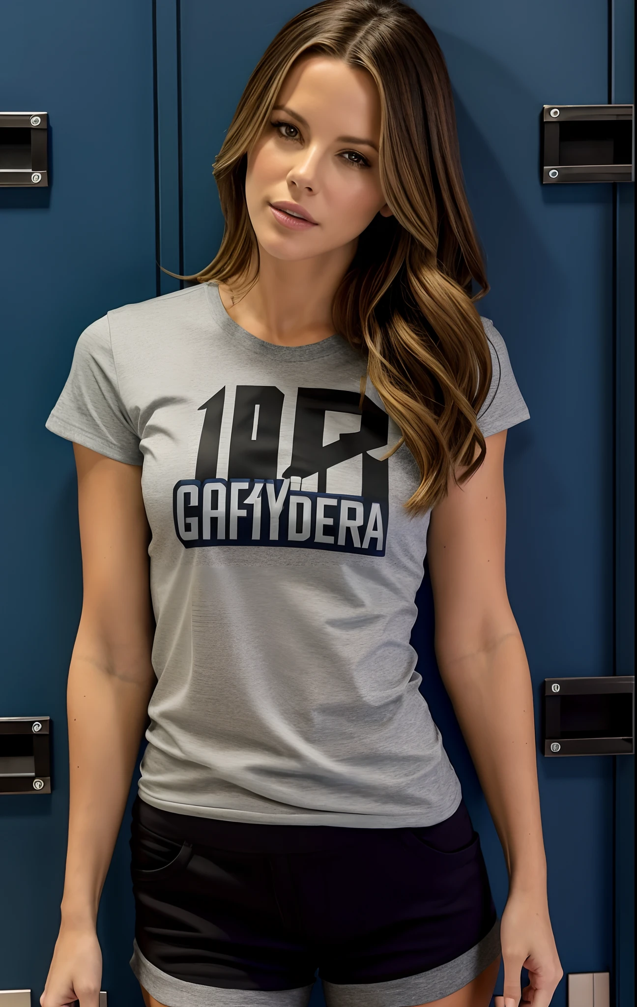 Beautiful woman in gray shirt and black shorts standing in front of cabinets, Camiseta azul apertada, vestindo camisa apertada, camisa apertada, Devon Cady-Lee, em camiseta, vestindo uma camiseta, her wardrobe is attractive, in the high school gym, vestindo uma camisa, Camiseta!!, vestindo camisa, Kate Beckinsale