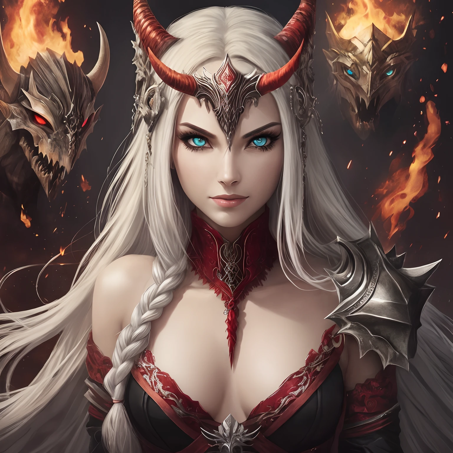 armadura, Potrait Berserker, barbarian woman, Arte de Fantasia, of his gaze alone enemies beginning to panic, one head, devilish smile, besta do inferno, demonio, White Fire Sky, guerreiro, com foice e escudo, lindo, homens, Werelion, Long red braided hair, olhos dourados brilhantes, realista, altamente detalhados, Motor irreal, 8k de luxo