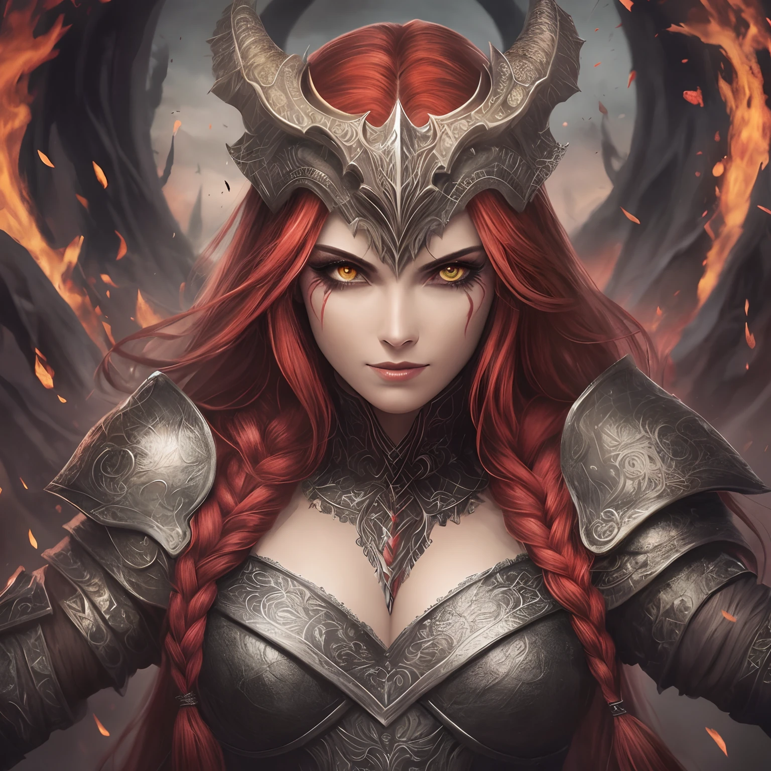 armadura, Potrait Berserker, barbarian woman, Arte de Fantasia, of his gaze alone enemies beginning to panic, one head, devilish smile, besta do inferno, demonio, White Fire Sky, guerreiro, com foice e escudo, lindo, homens, Werelion, Long red braided hair, olhos dourados brilhantes, realista, altamente detalhados, Motor irreal, 8k de luxo