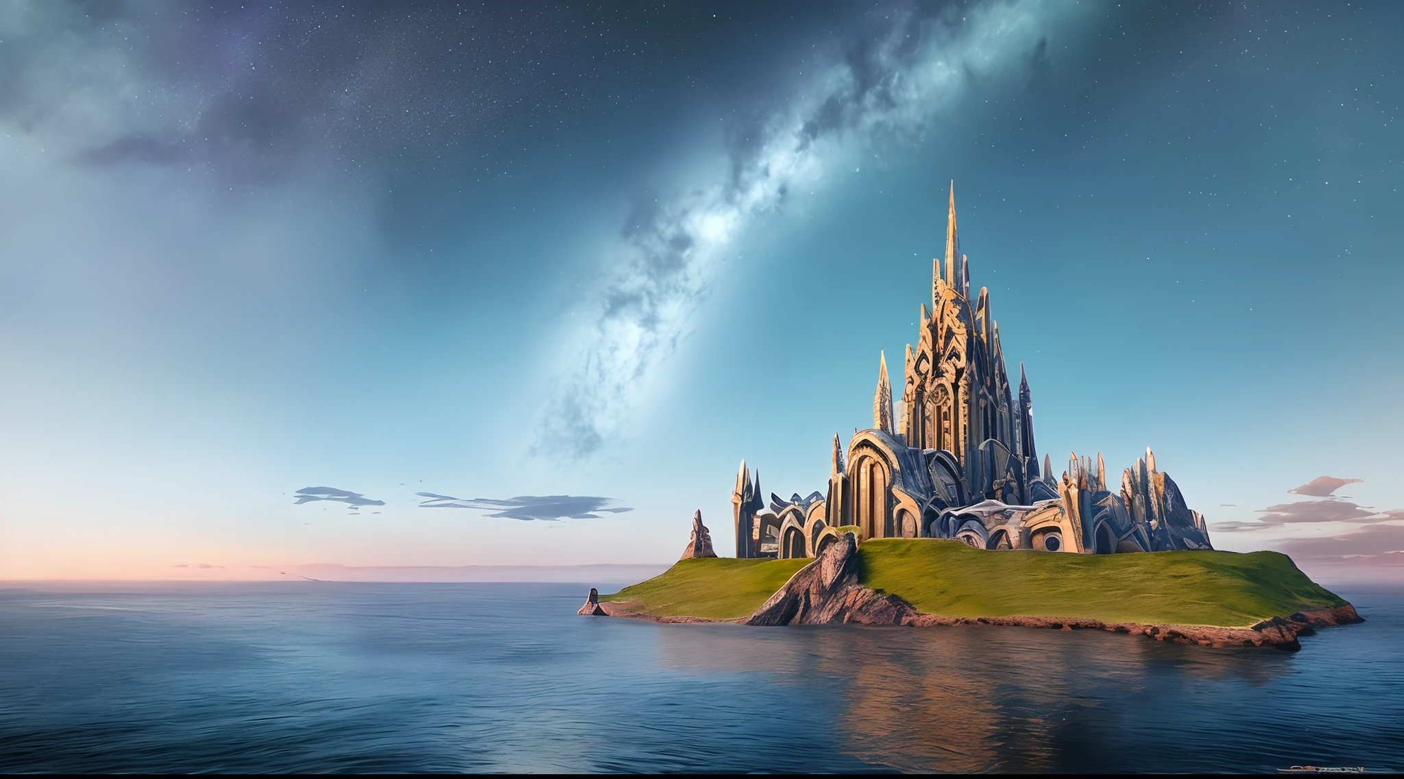 A realistic image of a majestic setting in Asgard, with imposing towers and Odin's throne in the center. The sky is dyed with celestial colors, reflecting the power of the god realm.