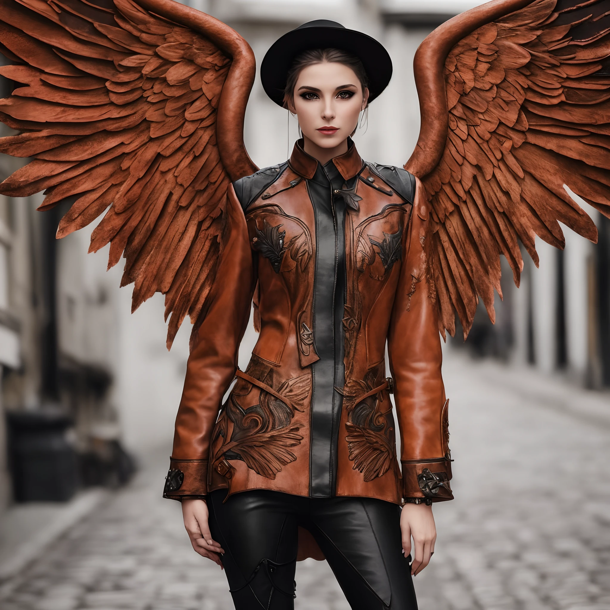 arafed woman in leather jacket with wings on a cobblestone street, fantasy leather clothing, leather clothing, fantasy style clothing, leather clothing and boots, colorful rich fantasy clothing, by Galen Dara, 3 / 4 view of woman with wings, leather robes, very aesthetic leather jacket, leather clothes, steampunk angel, grand angel wings, tattered leather coat