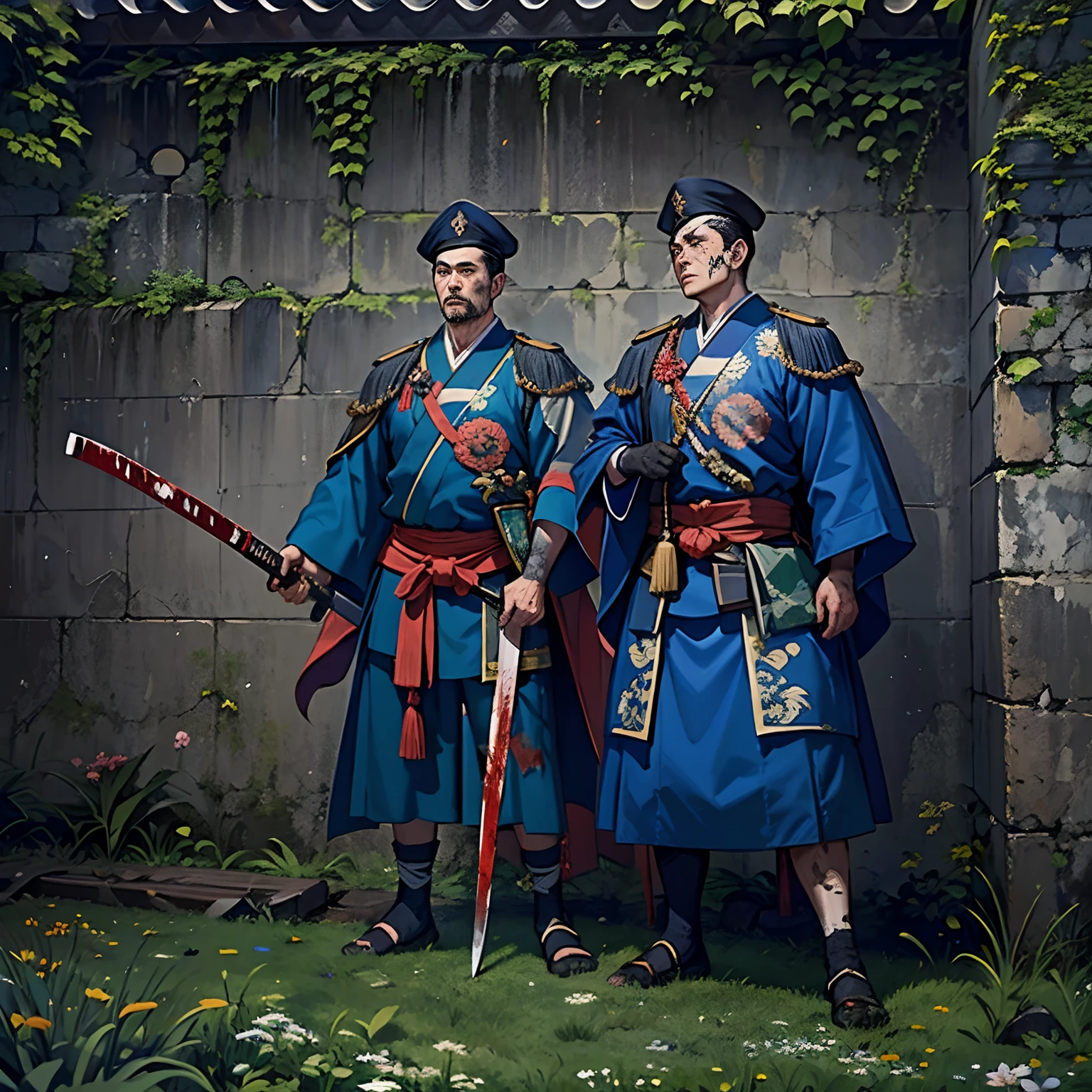 Three soldiers were seriously wounded,Wears a blue kimono with a black pattern and a white cape。He carried a katana and a spear。He waited for Guan Lang on the big grass,The walls were littered with blood and the bodies of soldiers who had died in battle。castle wall, Dark theme, optic, fanciful