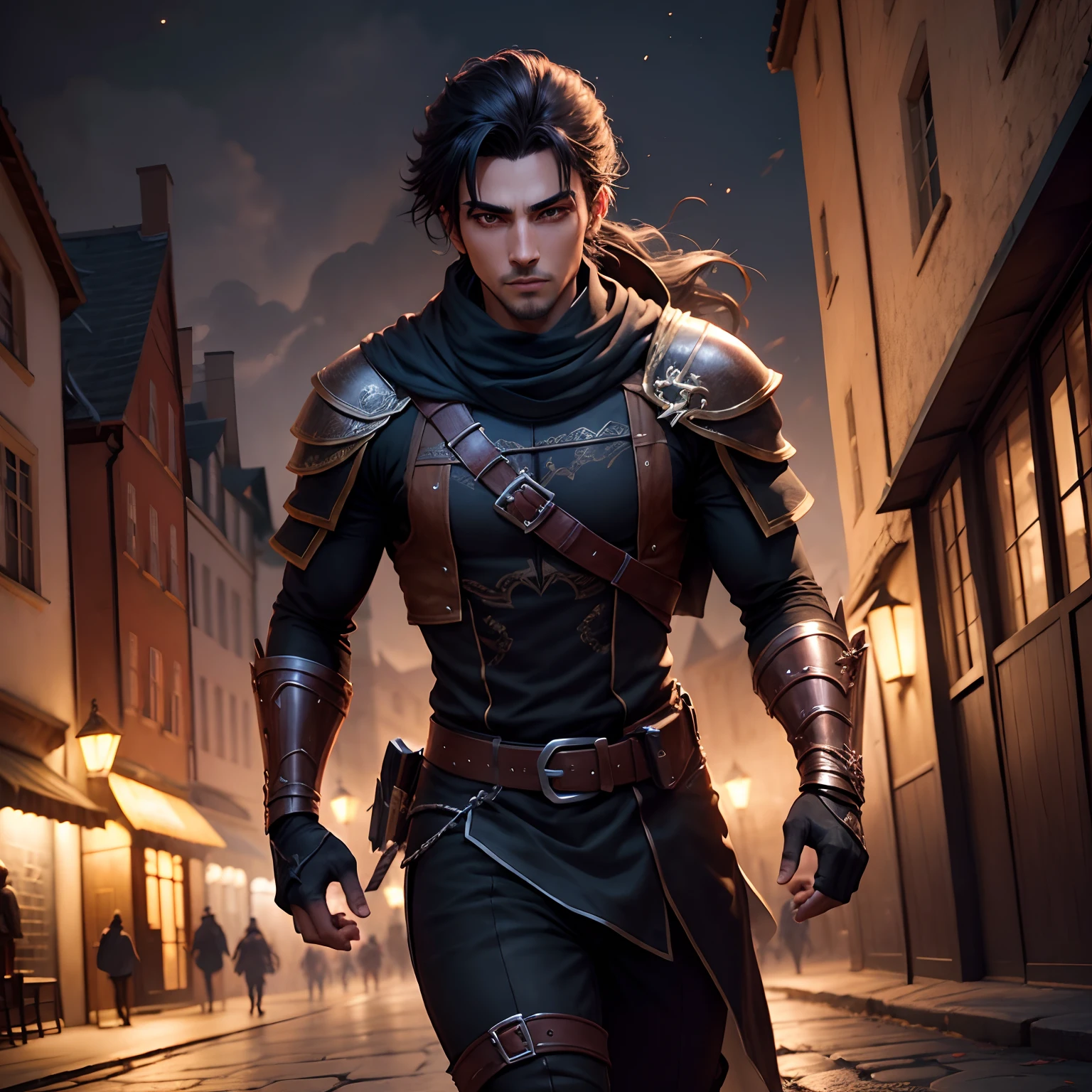 A man Runing, Prince black parisa hair,shadow rogue, shadow power, RPG, medieval city scenery, assassin, brown eyes, rogue armor , night, black tones,4K