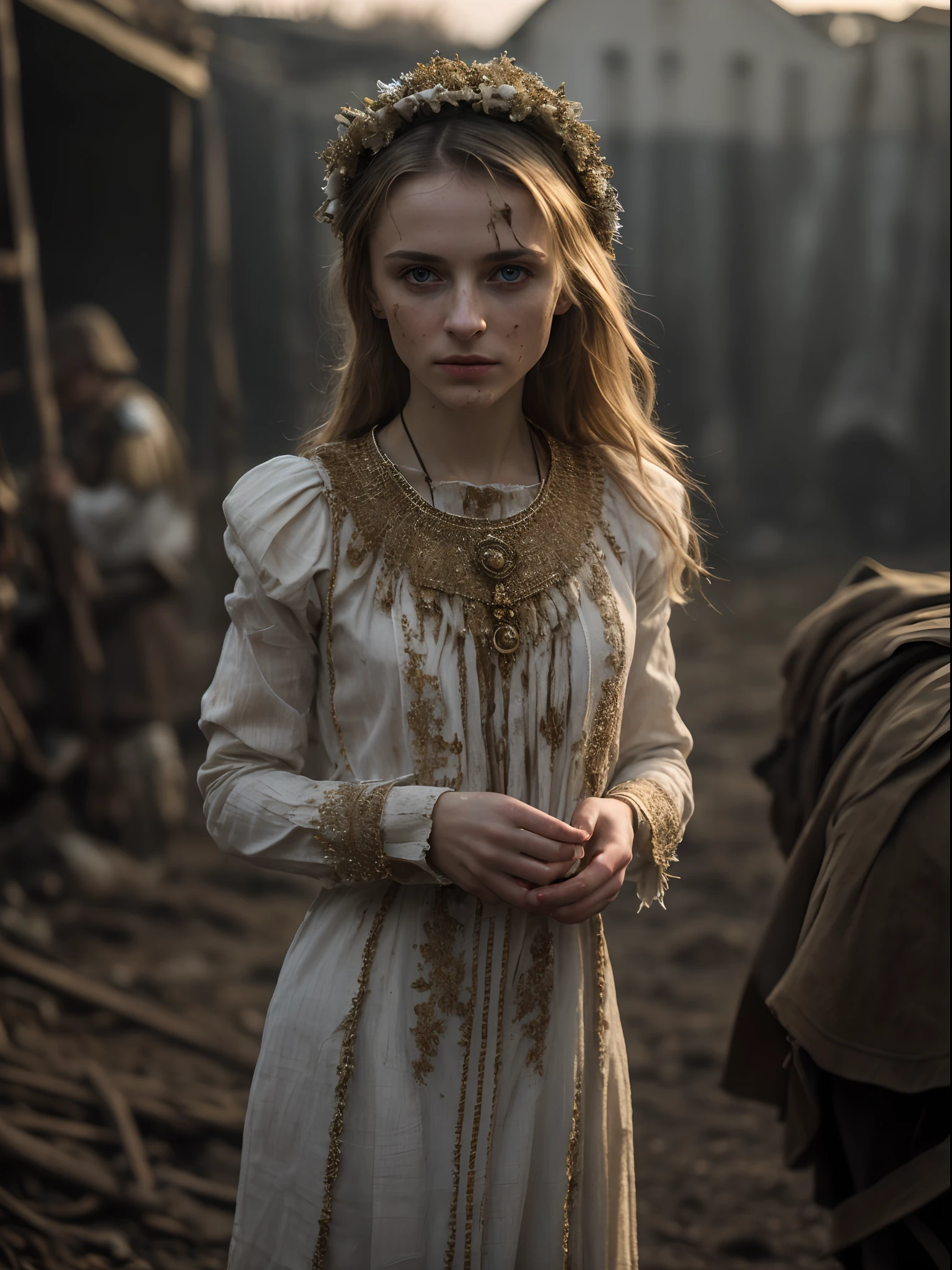 masterpiece, ultra detailed, 8K, Raw photo, Realistic light, Cinematic composition, Realistic face, Realistic skin, (woman from Ukraine), (torn and dirty traditional clothes), cute sexy, pleasure, perfect anatomy, war, cinematic, medieval village, nightfall