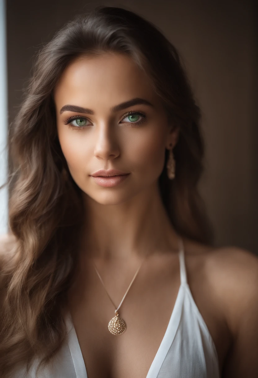 Arafed woman with a white tank top and necklace, fille sexy aux yeux verts, Portrait Sophie Mudd, cheveux bruns et grands yeux, selfie of a young woman, Yeux de chambre, Violet Myers, sans maquillage, maquillage naturel, looking straight at camera, Visage avec Artgram, Maquillage subtil, stunning closeupheadshot, piercing green eyes, Realstic