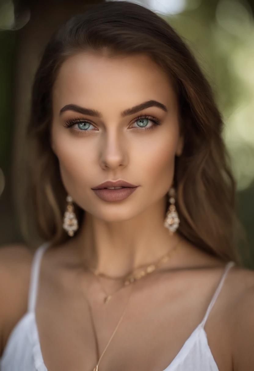Arafed woman with a white tank top and necklace, fille sexy aux yeux verts, Portrait Sophie Mudd, cheveux bruns et grands yeux, selfie of a young woman, Yeux de chambre, Violet Myers, sans maquillage, maquillage naturel, looking straight at camera, Visage avec Artgram, Maquillage subtil, stunning closeupheadshot, piercing green eyes, Realstic