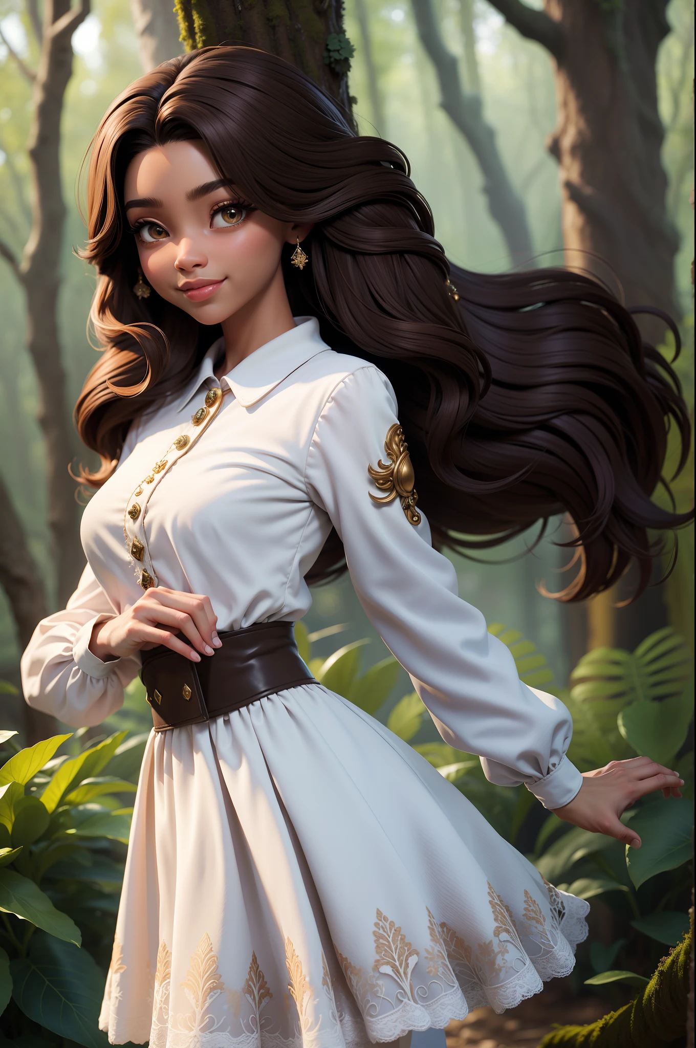 Estilo 3DMM, easypos, (obra-prima, melhor qualidade), detalhes intrincados, 1elfa adulta, (((Brown skin))), sozinho, (((cabelo branco))), grampo de cabelo flor, vestido preto, olhando para o espectador, Sympathetic smile, in an ethereal fantasy forest!