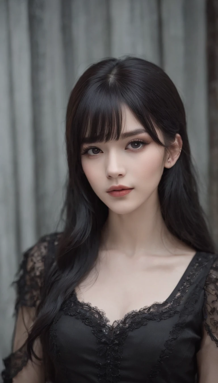 Mulher com cabelo preto e top grisalho posando para foto, cruel korean goth girl, Ela tem cabelo preto com franja, pale goth beauty, goth girl aesthetic, Ulzzang, com cabelos curtos, Menina anime na vida real, preto hime corte cabelo, 1 7 - year - old anime goth girl, com cabelo curto com franja