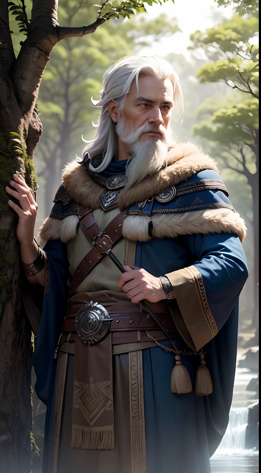 Odin em sua jornada pelos Nove Mundos, vestindo um manto de viajante. He meets wise beings, Ancestral trees and hidden sources of knowledge, enquanto o vento sussurra segredos antigos.