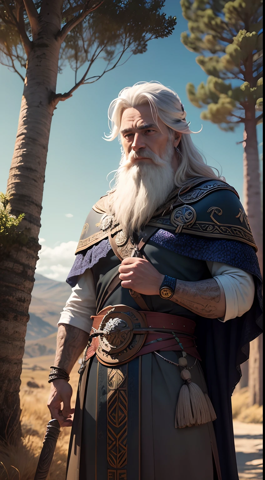 Odin em sua jornada pelos Nove Mundos, vestindo um manto de viajante. He meets wise beings, Ancestral trees and hidden sources of knowledge, enquanto o vento sussurra segredos antigos.