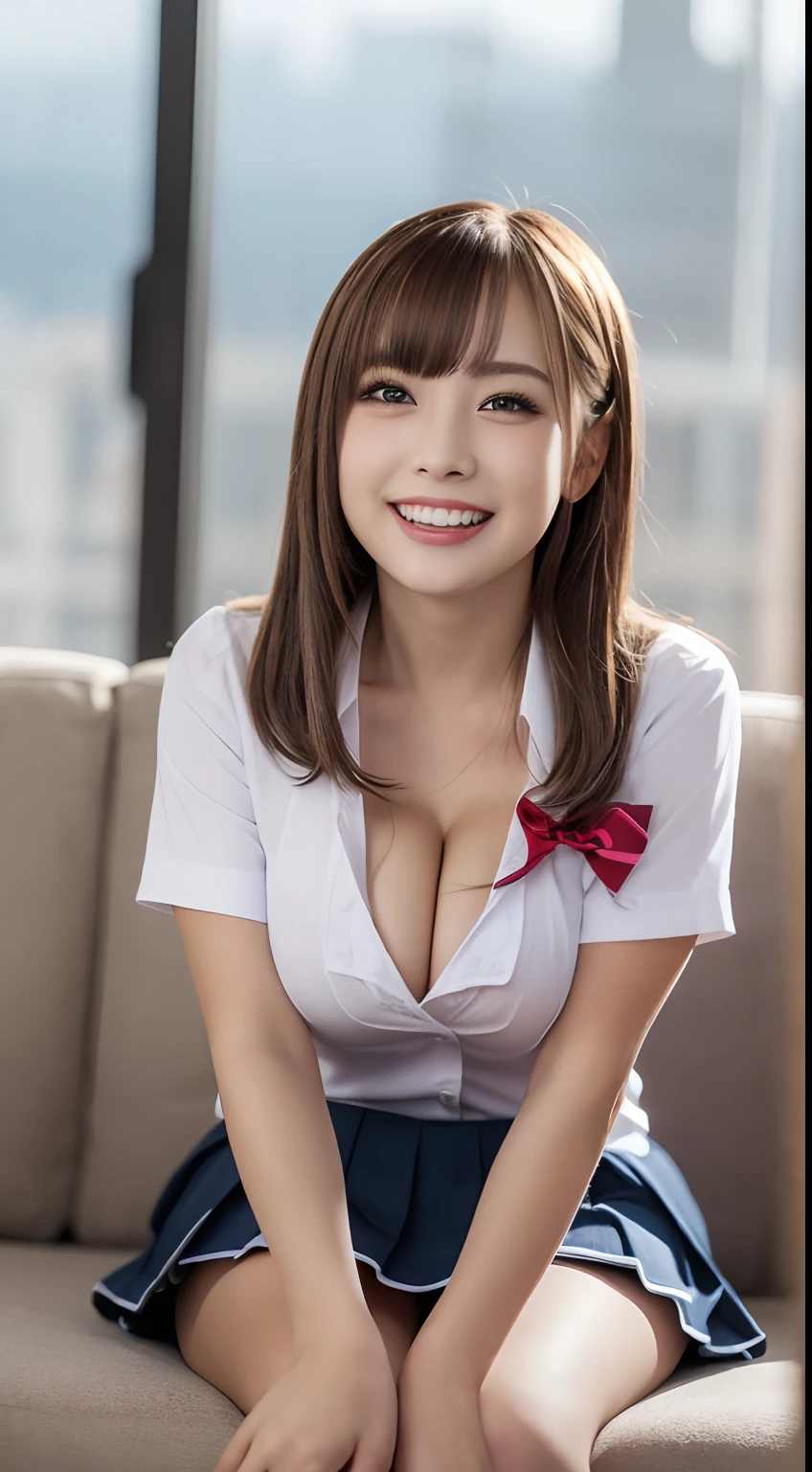 (ung girls), Brown hair,Exposed panties (extremely detailed beautiful face), Amazing face and eyes, (Best Quality、Great cleavage:1.4), (Ultra-detailed), (extremely detailed CG unified 8k wallpaper), Highly detailed, High-definition raw color photos, Professional Photography, Realistic portrait, Amazing face and eyes and slightly fleshy thighs, Pink eyes, (High School Uniform, Pleated mini-skirt:1.3), ((High school uniform with open chest)), modeled, shyly smile, Keep your knees upright、Sit on the sofa with your legs up, (Open your legs), (((Bokeh))), depth of fields, depth of fields, Twilight, Sunset, (View from below:1.3),Smile full of happiness、Expression in a state of excitement、yawning being、panting、Looks happy