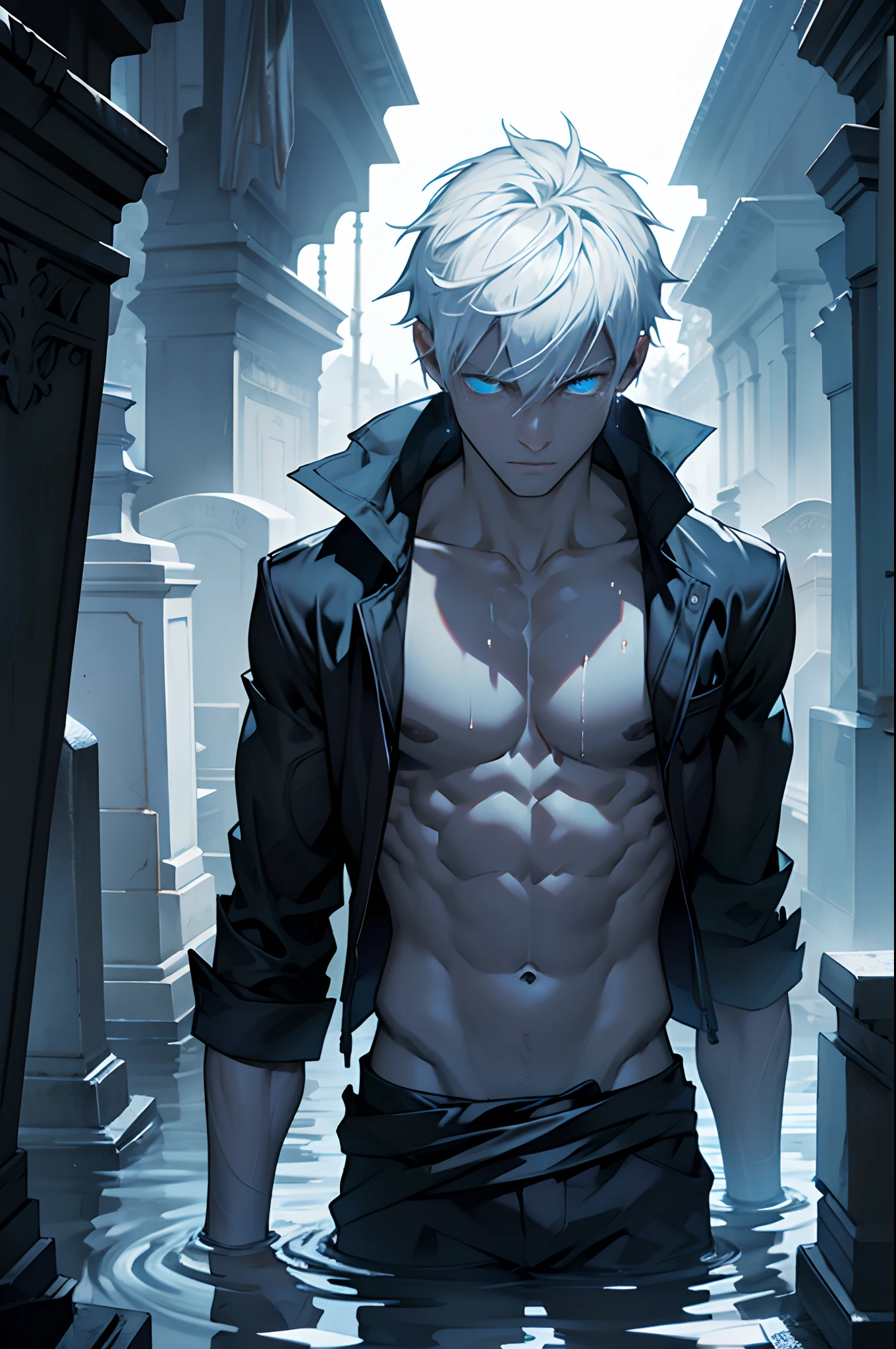 Thin guy, toned, not muscular, semitransparent, pale, sunken glowing dark blue eyes, flooded cemetery background, rips and tears in clothes