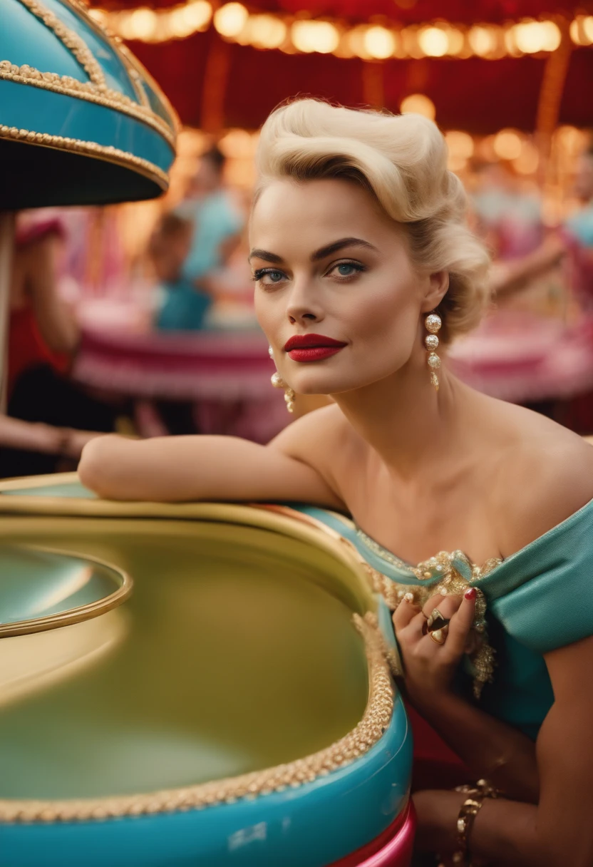 60s retro-futuristic An amusement park Nuit Femelles corps entieresbienne haute couture Swedish, Le visage de Margot Robbie une blonde Costume Chanel Rose 20 ans merry-go-round, uncovered breasts, sexy