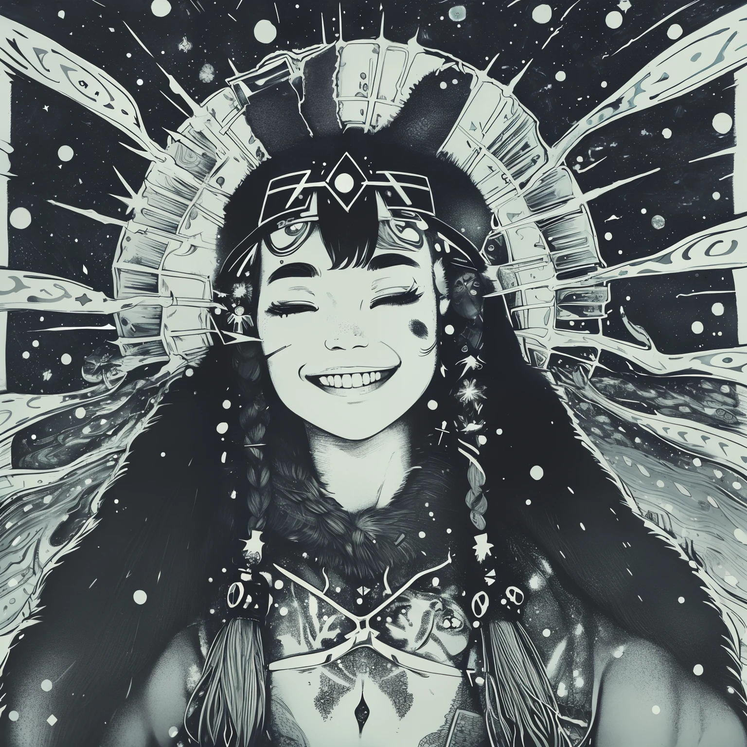 inuit, tribal, psychedelic, 1girl, (closeup face), eyes closed, (smile, laugh), (glowing teeth), winter, night, dark, starry sky, dark, sketch