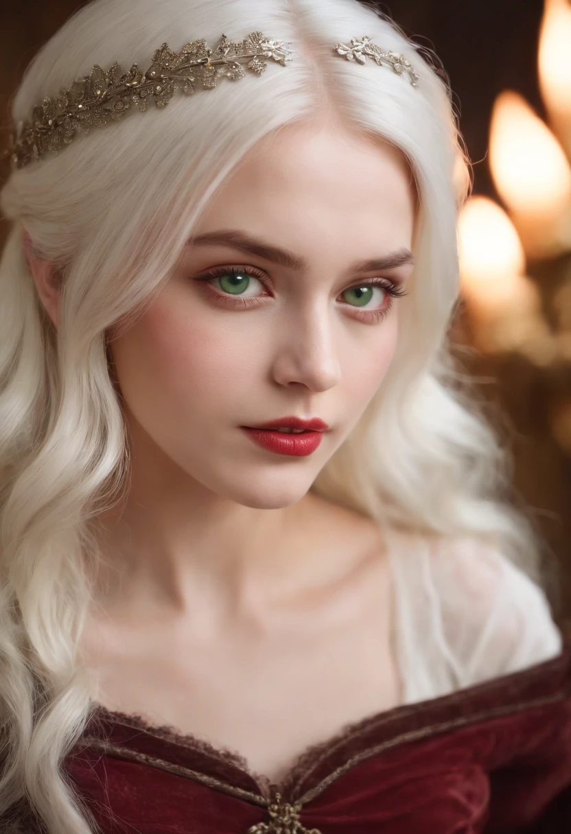 (((a deep reddish wound crosses her left cheek))) fair complexion, woman around 19 years old, natural white hair, distinctive green eyes, wearing kohl, slender and graceful, beautiful, candlelight in a medieval setting, ultra sharp focus, realistic shot, medieval female clothes, tetradic colors (scar:1.4)
