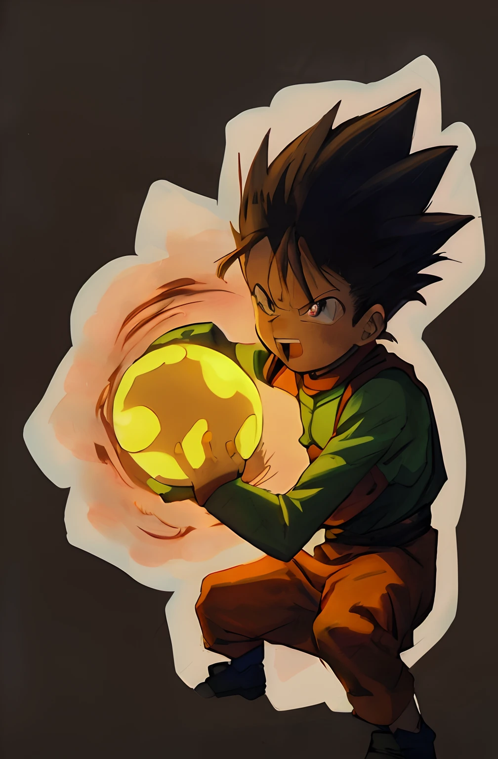 a young Gon with a glowing ball, akira toriyama style, inafune design, toriyama akira, akira toriyama 📹, hunter x hunter, hunterxhunter, anime lighting, akiri toriyama, attack pose, sticker - art, inspired by Toriyama Sekien