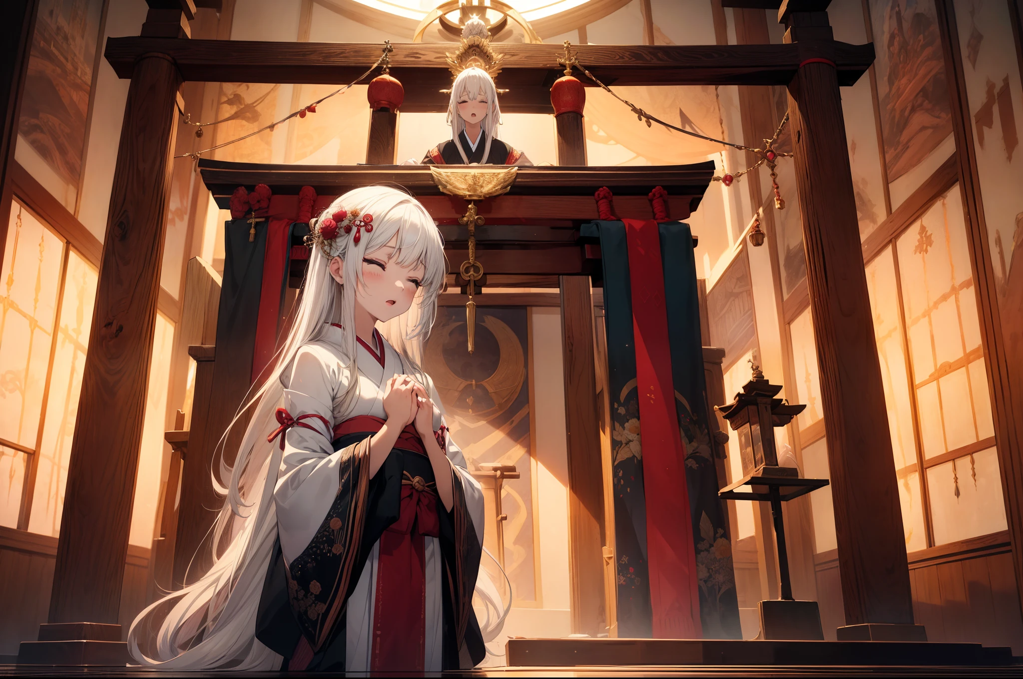 1 girl, doing ritual ,standing behind altar, hands in front, upper body, character focus ,(cinematic angle), from below ,japanease clothing, serious face ,closing eyes, open mouth, high resolution,(incredibly absurdres),anime visual,extremely detailed CG unity 8k wallpaper, ((masterpiece)), ((top-quality)), (beautiful illustration), ((an extremely delicate and beautiful))