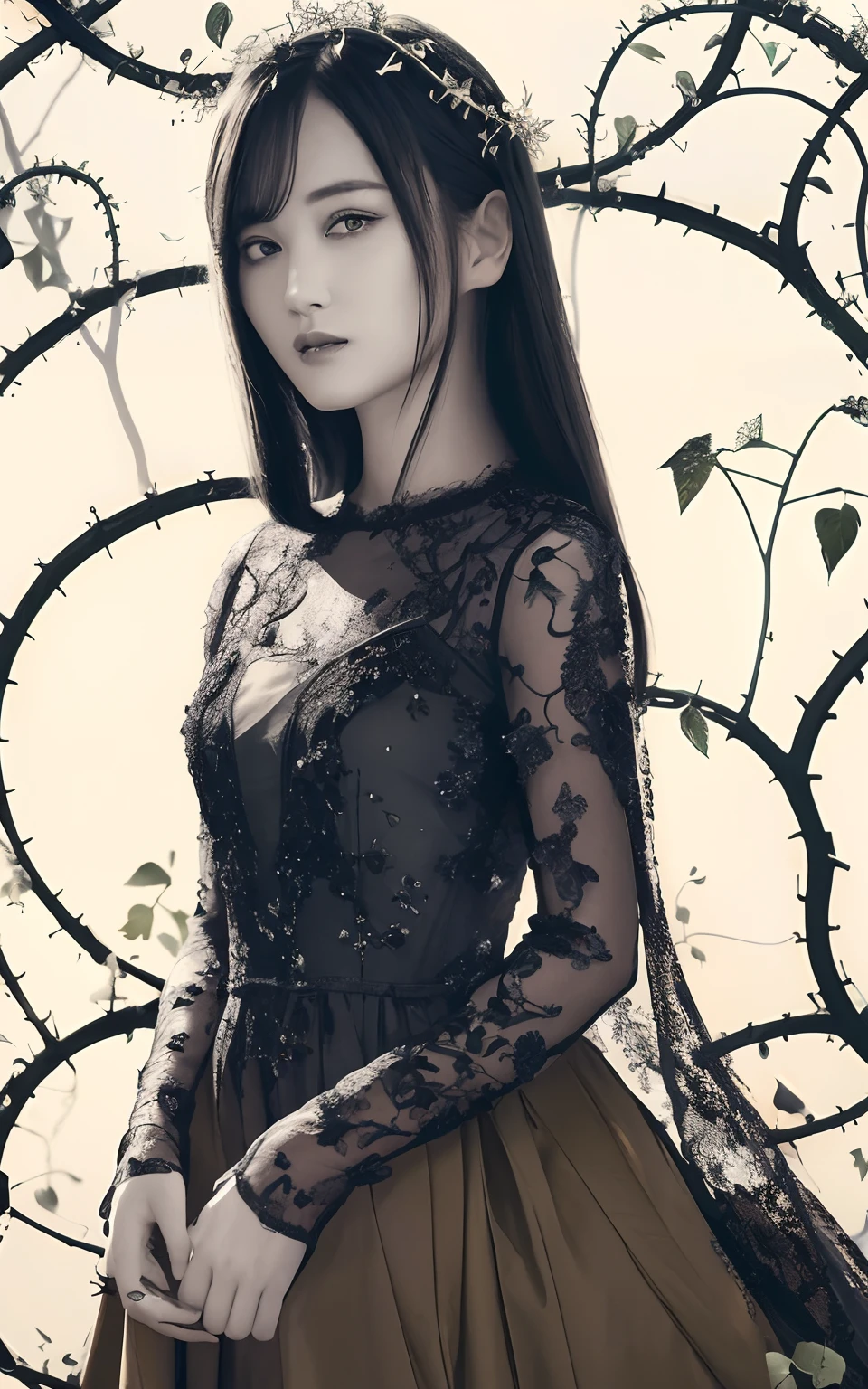((masterpiece:1.4, best quality))+, (ultra detailed)+,(ultra detailed eyes)+,
(cute 1girl),15 years old,(violet eyes:1.15),silver hair, very long hair,(wariza:1.2),pale skin,closed mouth,sad,
(She is dressed in a gown made of intertwining vines:1.5),(flat chest:1.2),(vines dress:1.4),(dress made of vines:1.2),(surrounded by vines:1.4),
(despair:1.3),gothic,
(dark yellow vines:1.3),leaves,(vines tree:1.1),
(dawn light:1.2),violet,
(heavy Monochrome:1.16),(depth of field:1.4),