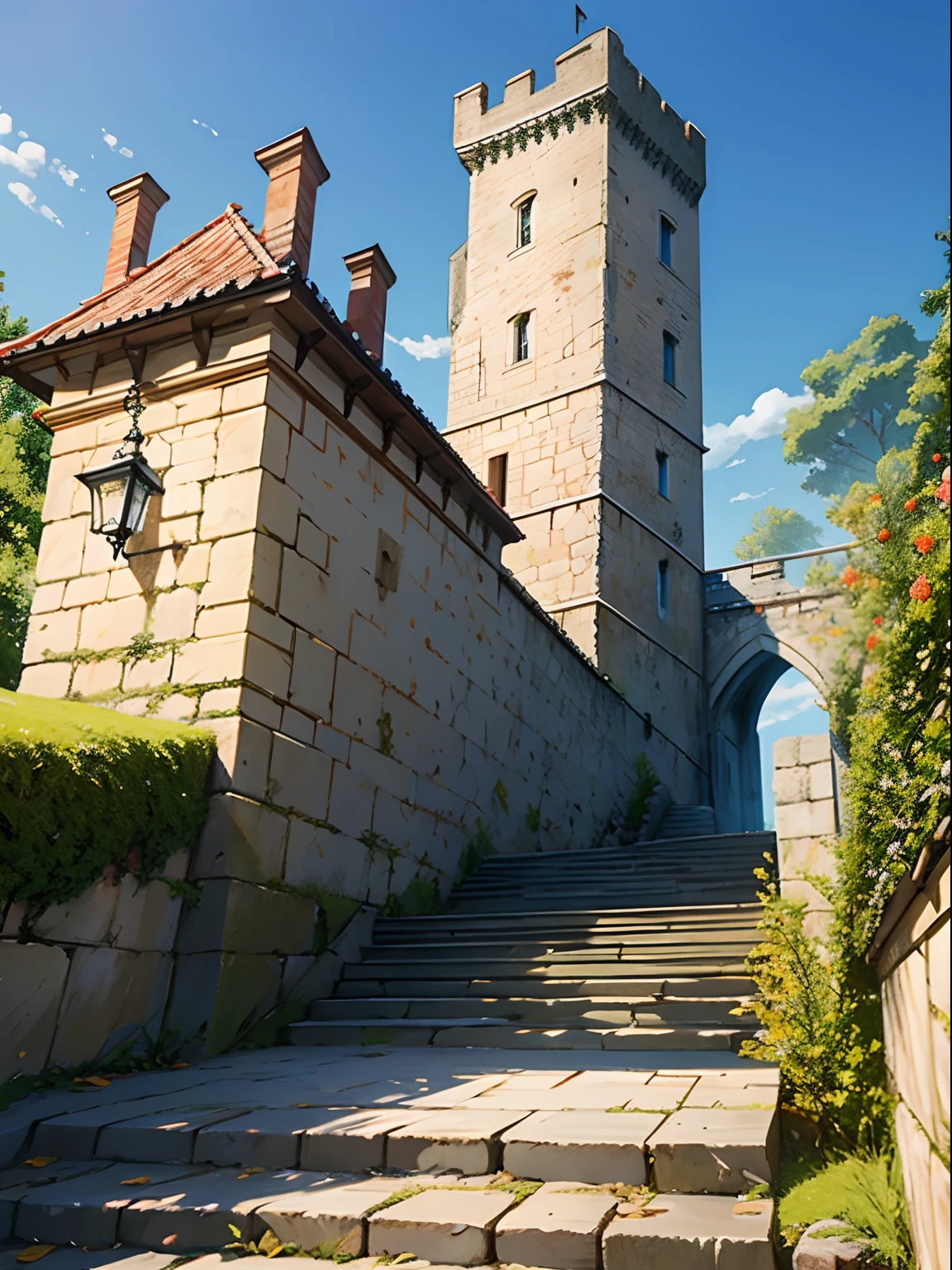 castle wall,stairways,large gate