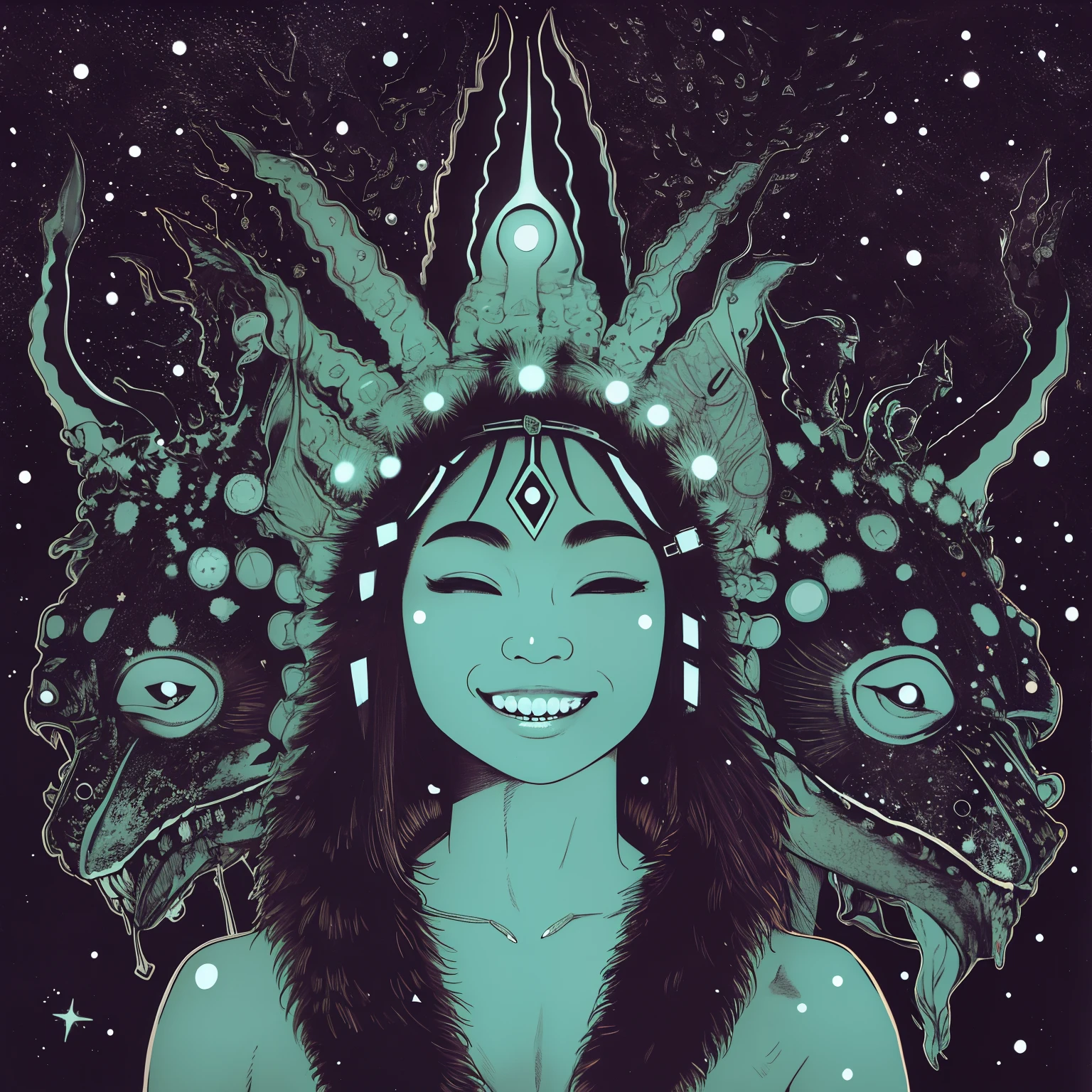 inuit, tribal, psychedelic, 1girl, (closeup face), eyes closed, (smile, laugh), (glowing teeth), winter, night, dark, starry sky, dark, sketch