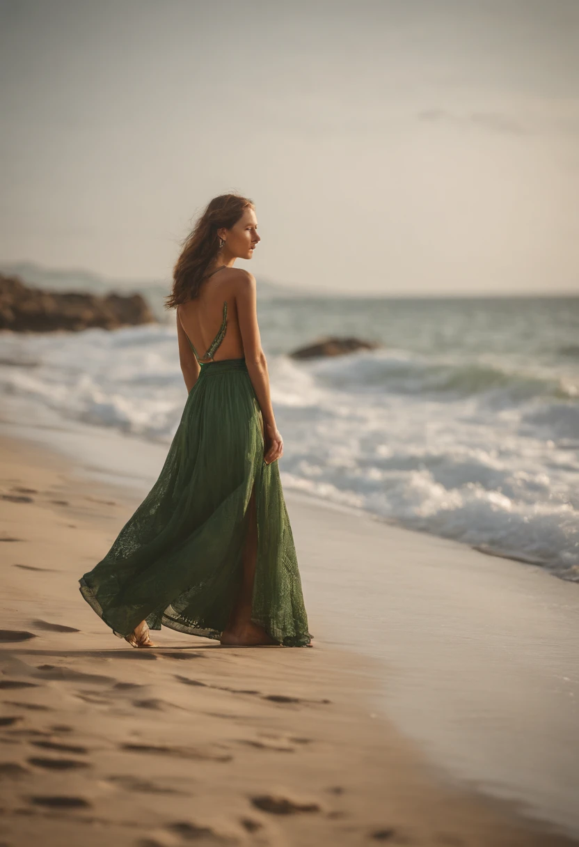 Green haair Girl in a long skirt with one leg showing at the beach