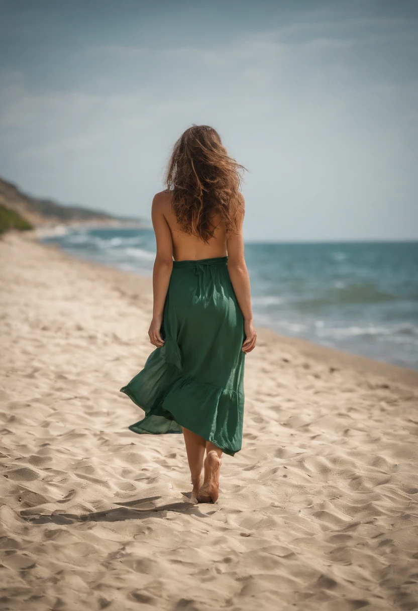 Green haair Girl in a long skirt with one leg showing at the beach